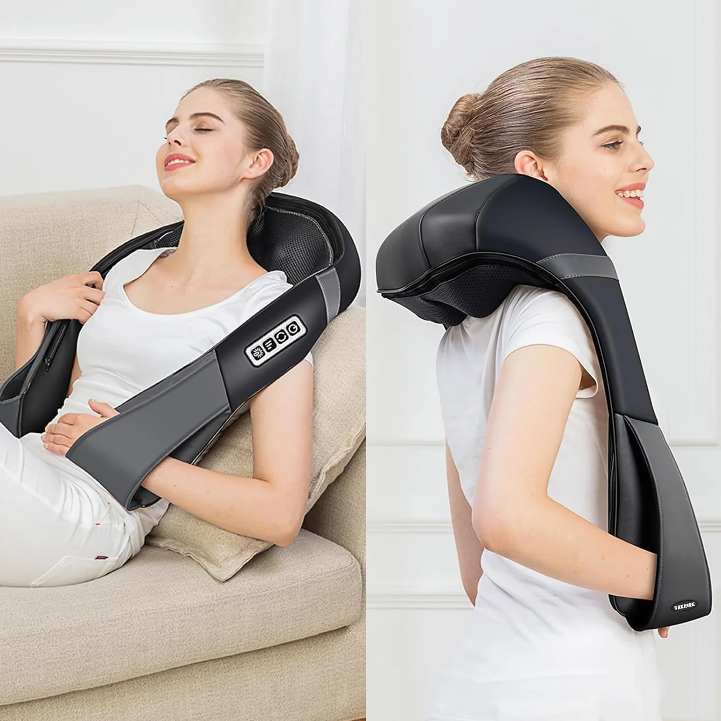 TAKRINK Masażer szyi na ramię, masażer szyjny Shiatsu z 16 wałkami do masażu 3D, regulowany kierunek i prędkość, materiały skórzane..