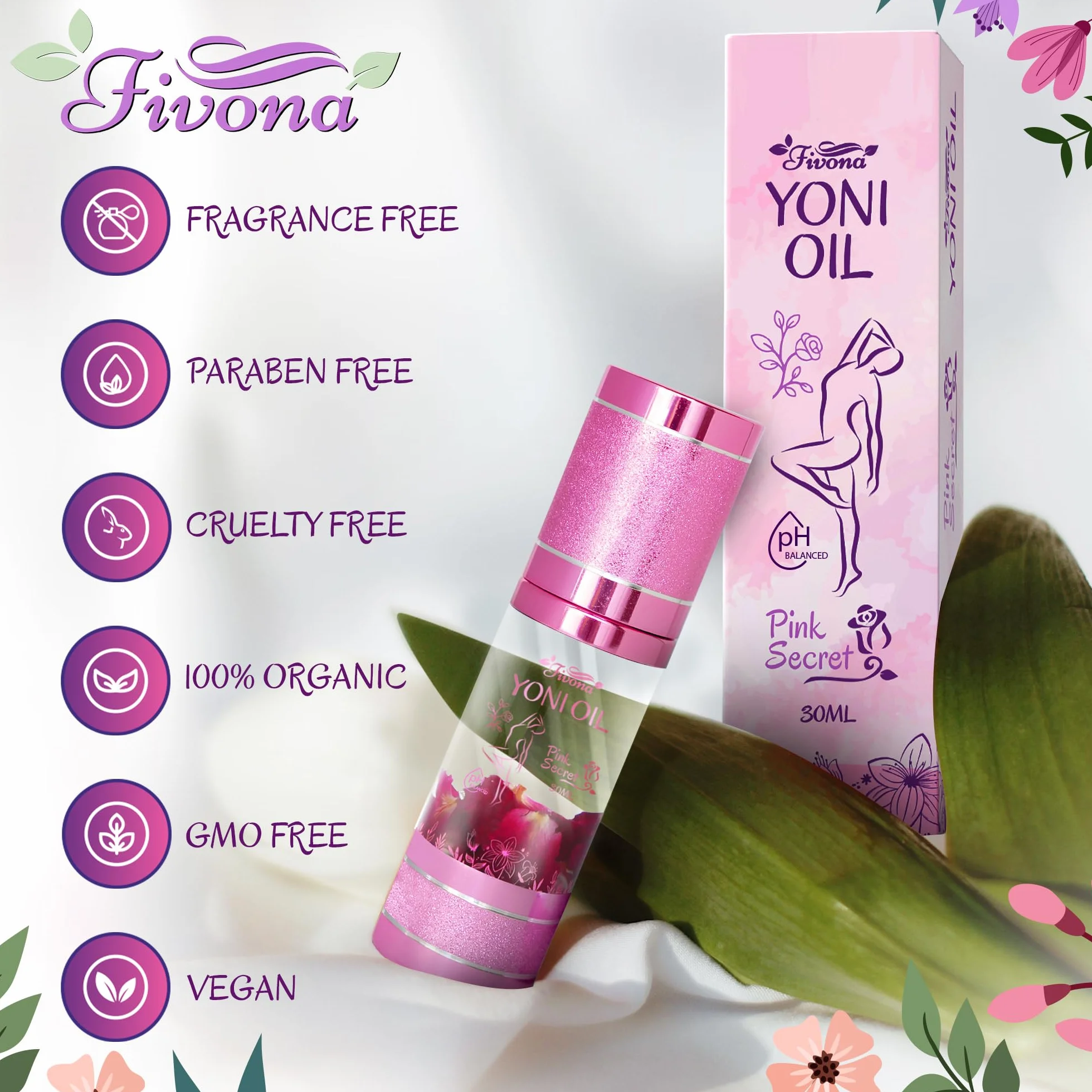 FIVONA Yoni Oil Pink Secret for Natural Soothing Feminine Care – mieszanka olejków eterycznych – mieszanka olejków nawilżających do kontrolowania Odora, detoksykacji i równowagi pH 30 ml