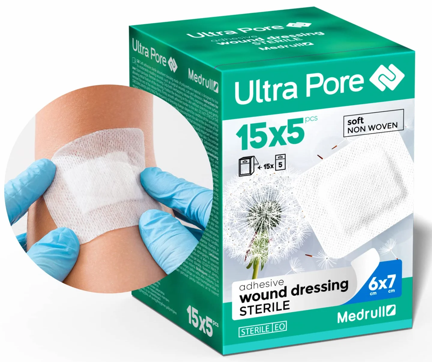 Medrull opatrunek na rany, sterylny, 6 x 7 cm, 75 sztuk, pakowany pojedynczo, ultra pory, miękki plaster na rany, duża siła klejenia, chroni przed zadrapaniami w przypadku skaleczeń