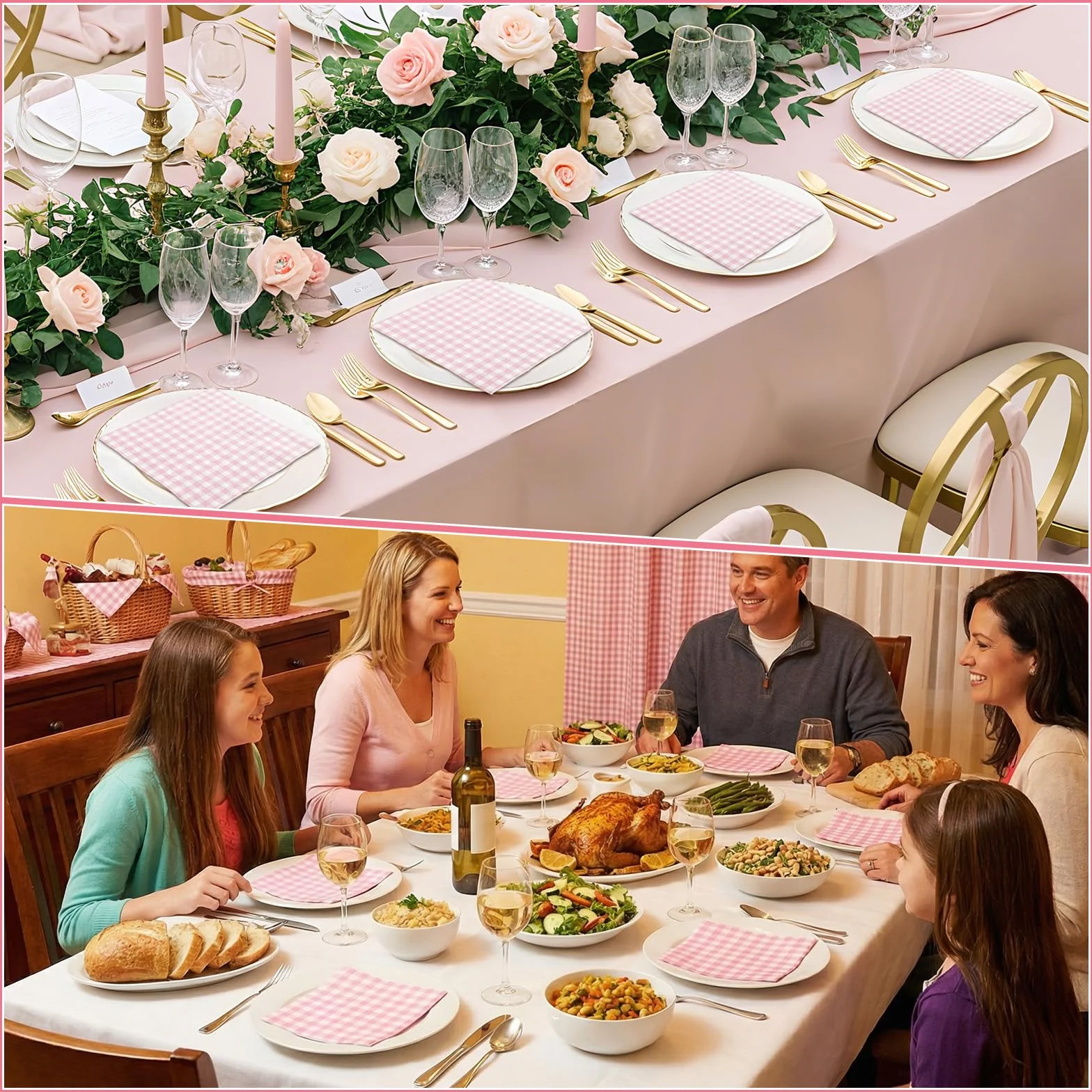 Różowe papierowe serwetki w kratkę 16,5 cm 2-warstwowe jednorazowe na wesela baby shower