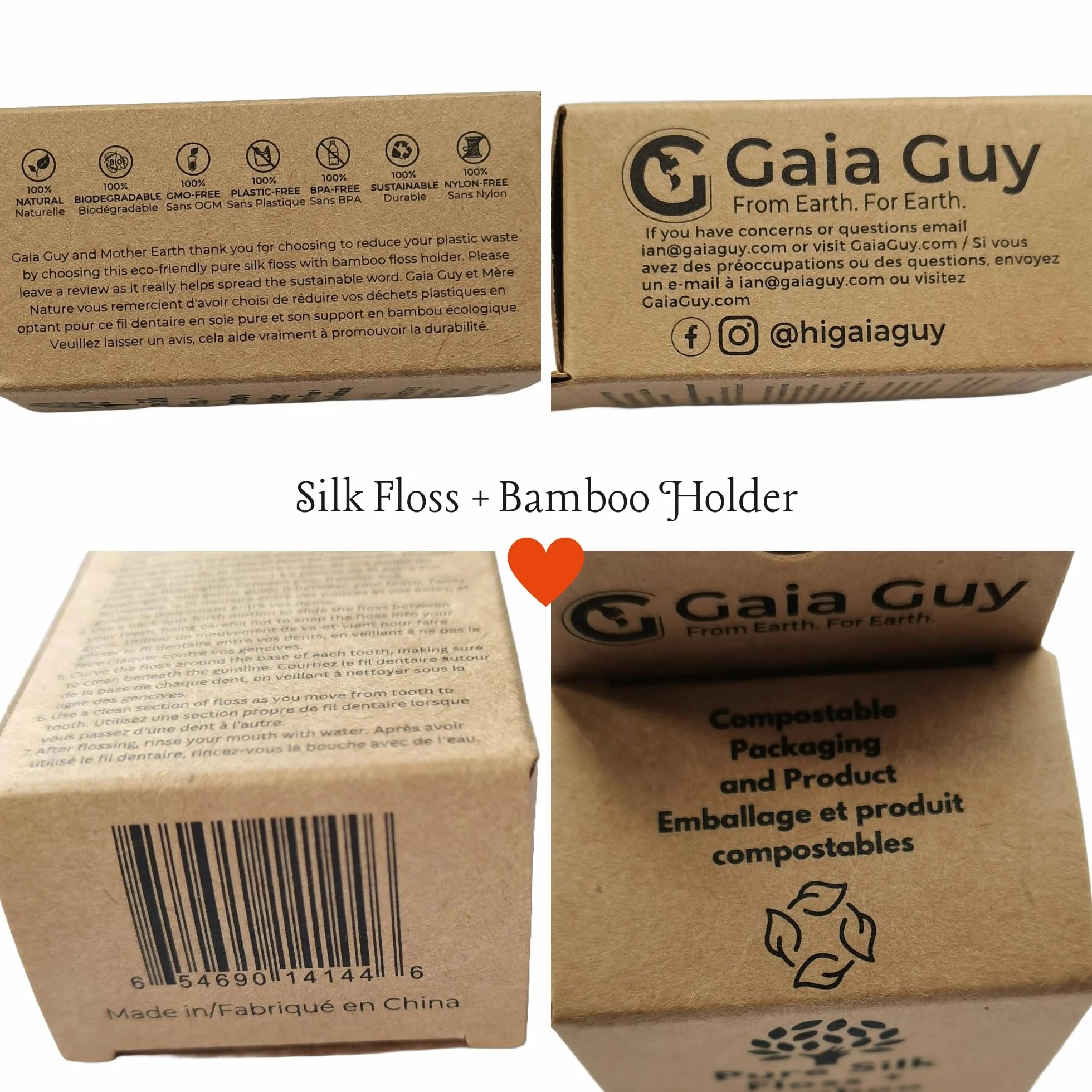 Gaia Guy Naturalna jedwabna nić dentystyczna z bambusowym uchwytem wielokrotnego użytku, woskowana woskiem Candelilla