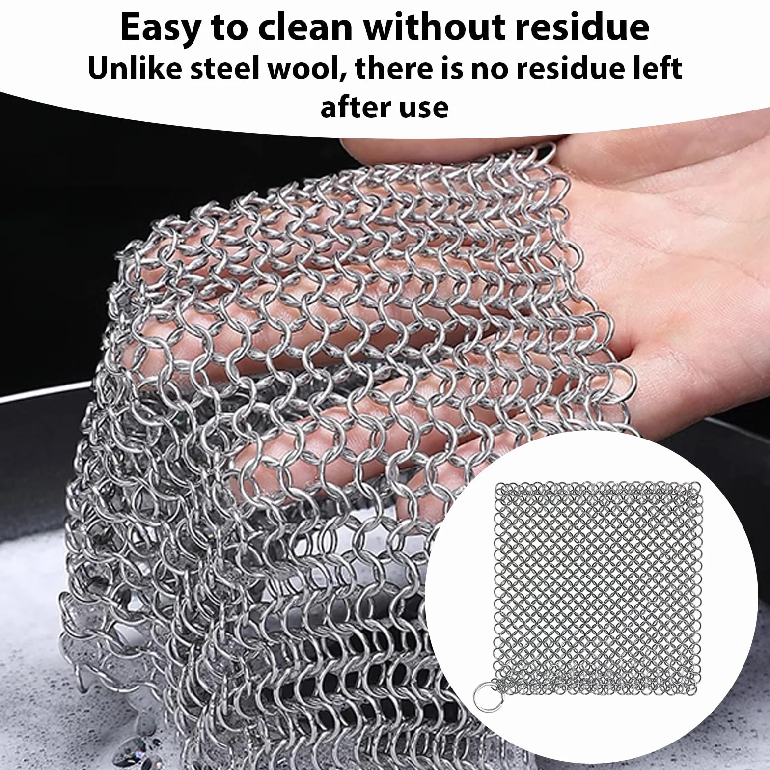 Środek do czyszczenia żeliwa ze stali nierdzewnej, skrobak Chainmail z wytrzymałym plastikowym skrobaczem do grilla i samoprzylepnymi haczykami do czyszczenia patelni żeliwnych lub woków i więcej