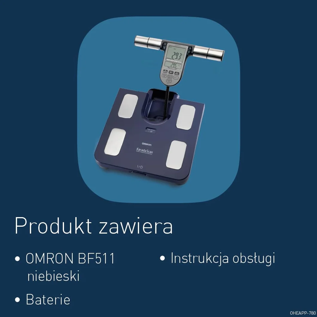 OMRON BF511 to walidowany klinicznie monitor składu ciała z 8 precyzyjnymi czujnikami do pomiaru całego ciała – niebieski