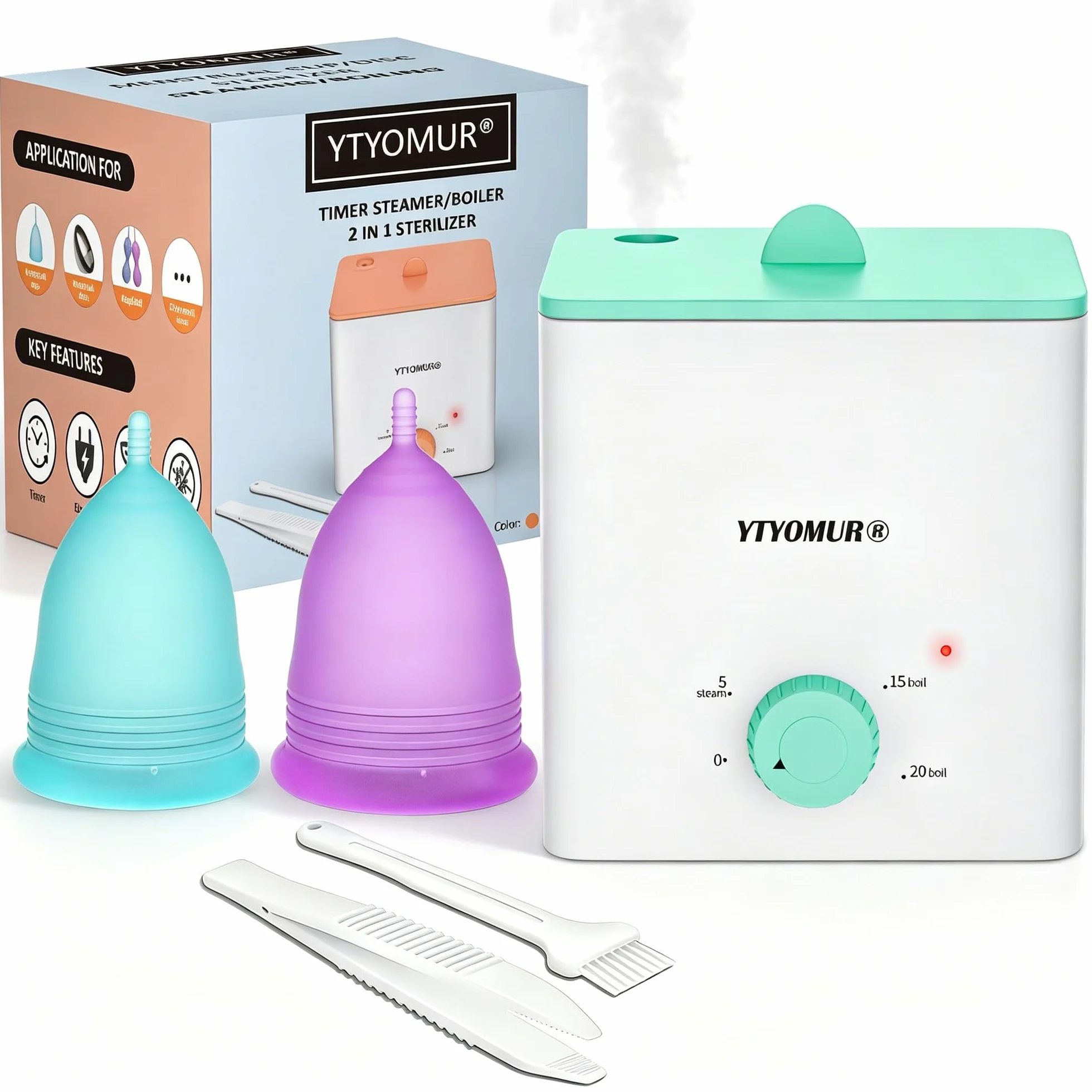Sterylizator do gotowania na parze z 2 kubkami wielokrotnego użytku, zestaw do czyszczenia kubków menstruacyjnych, automatyczne wyłączanie, sterylizacja parą w wysokiej temperaturze, higiena kobieca