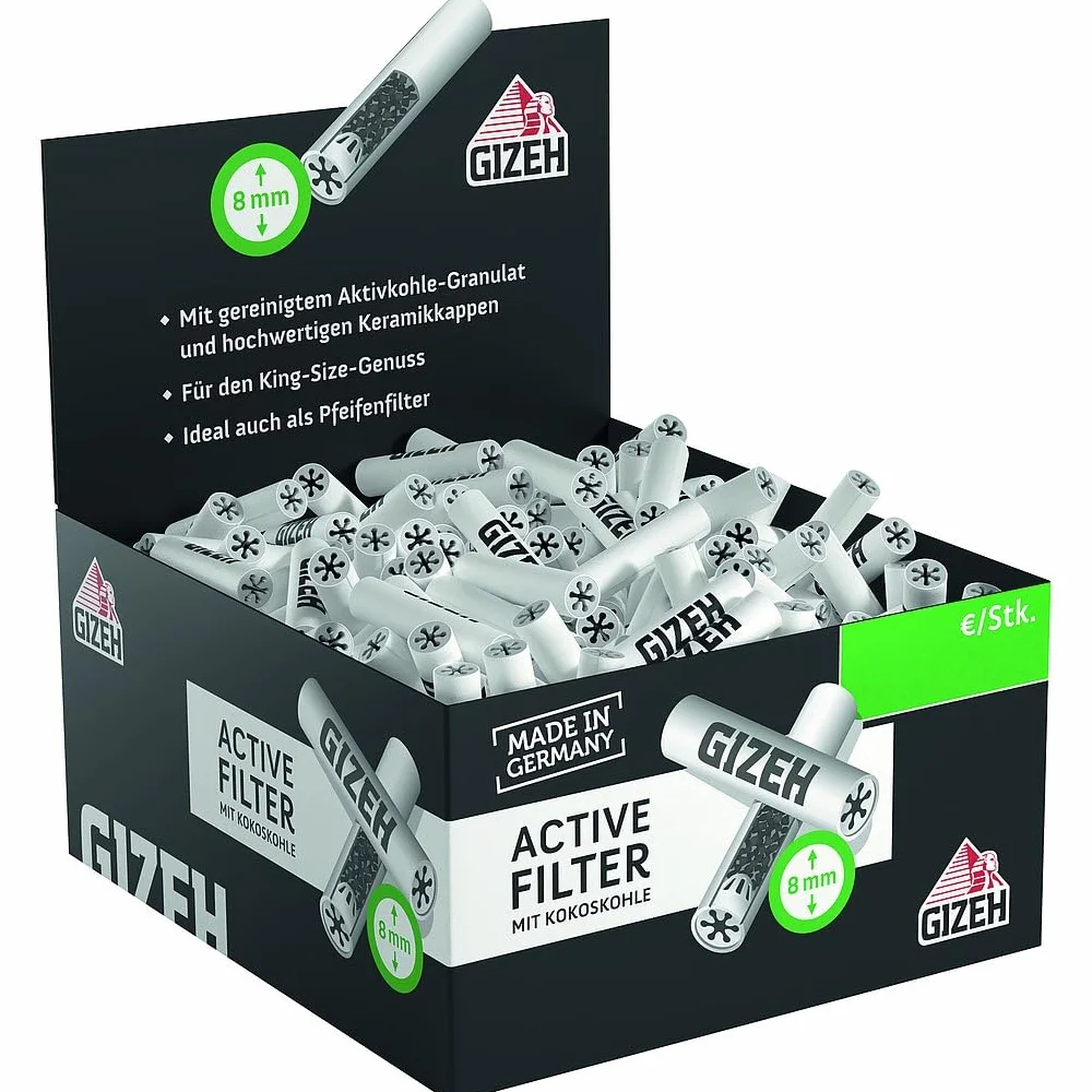 Gizeh 20703 Active filtr z węglem aktywnym, 8 mm, z ceramiczną nasadką, 1 pudełko z 200 filtrami, papier