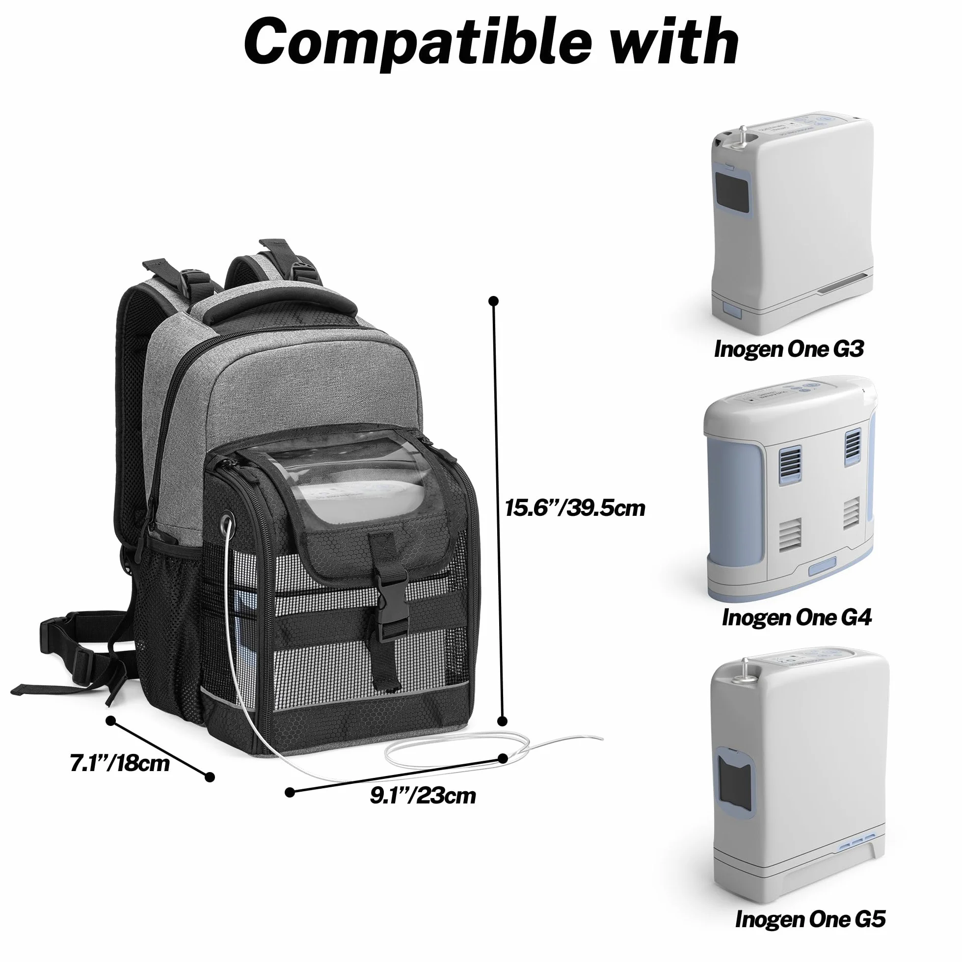 Trunab Plecak z Przenośnym Koncentratorem Tlenu, Torba Transportowa POC z Przezroczystą Osłoną, Wiele Kieszeni Kompatybilnych z Inogen One, Caire Freestyle Comfort, Oxygo, Jak Również SimplyGo Mini, Opatentowana Konstrukcja, Szary