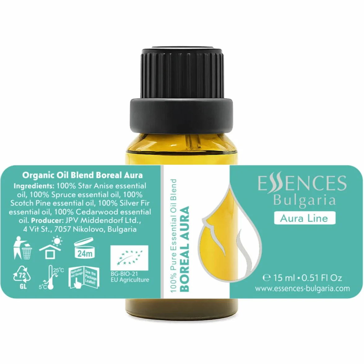 Mieszanka olejków eterycznych Essences Bulgaria Boreal Aura 15 ml | Jodła, sosna, świerk, anyż gwiaździsty, cedr | Aromaterapia, sauna i SPA | 100% czysty, nierozcieńczony