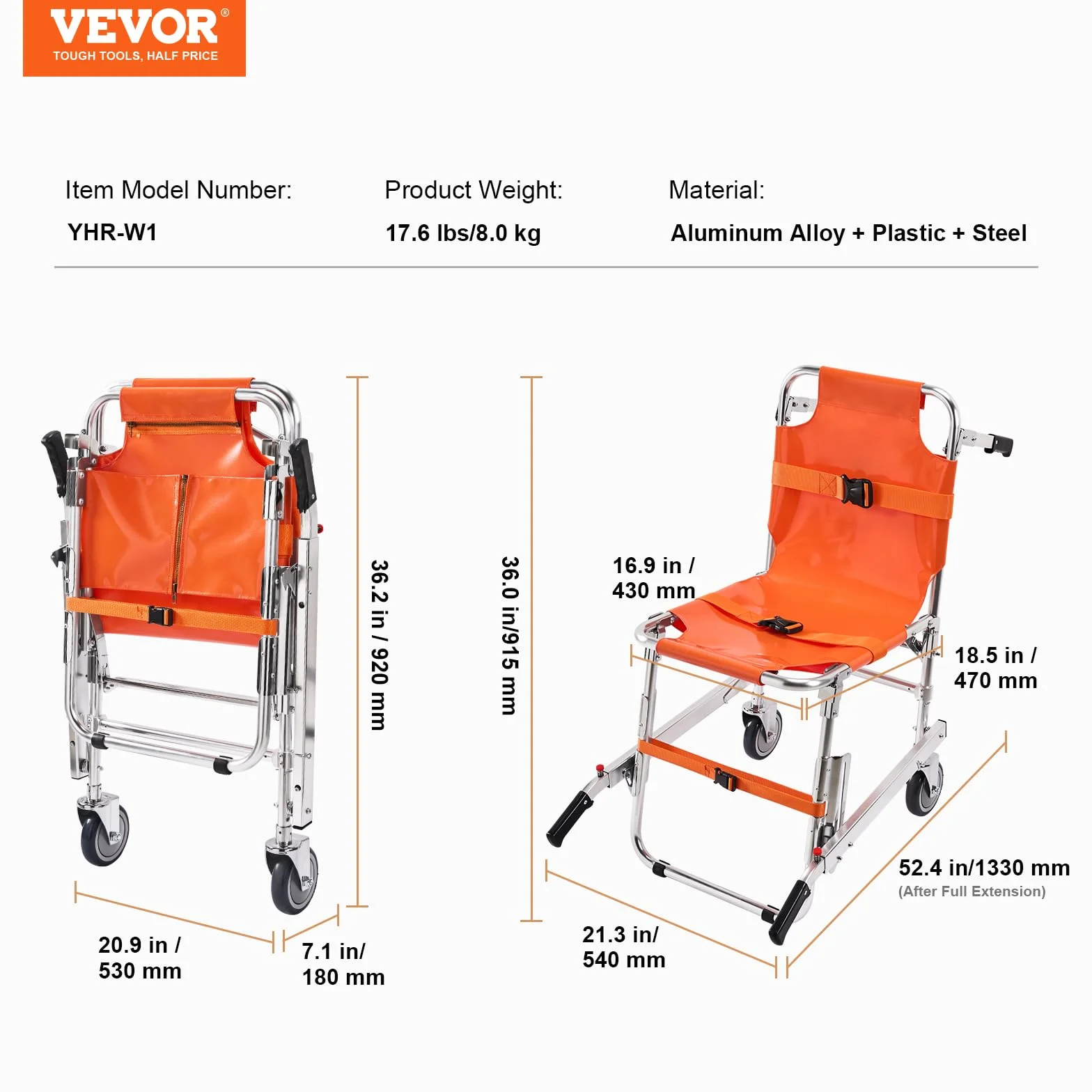 VEVOR EMS Fotel schodowy, nośność 158 kg, składany aluminiowy wózek inwalidzki z 2 kółkami, przenośny podnośnik schodowy, pogotowie ratunkowe, ewakuacja dla osób starszych, niepełnosprawnych