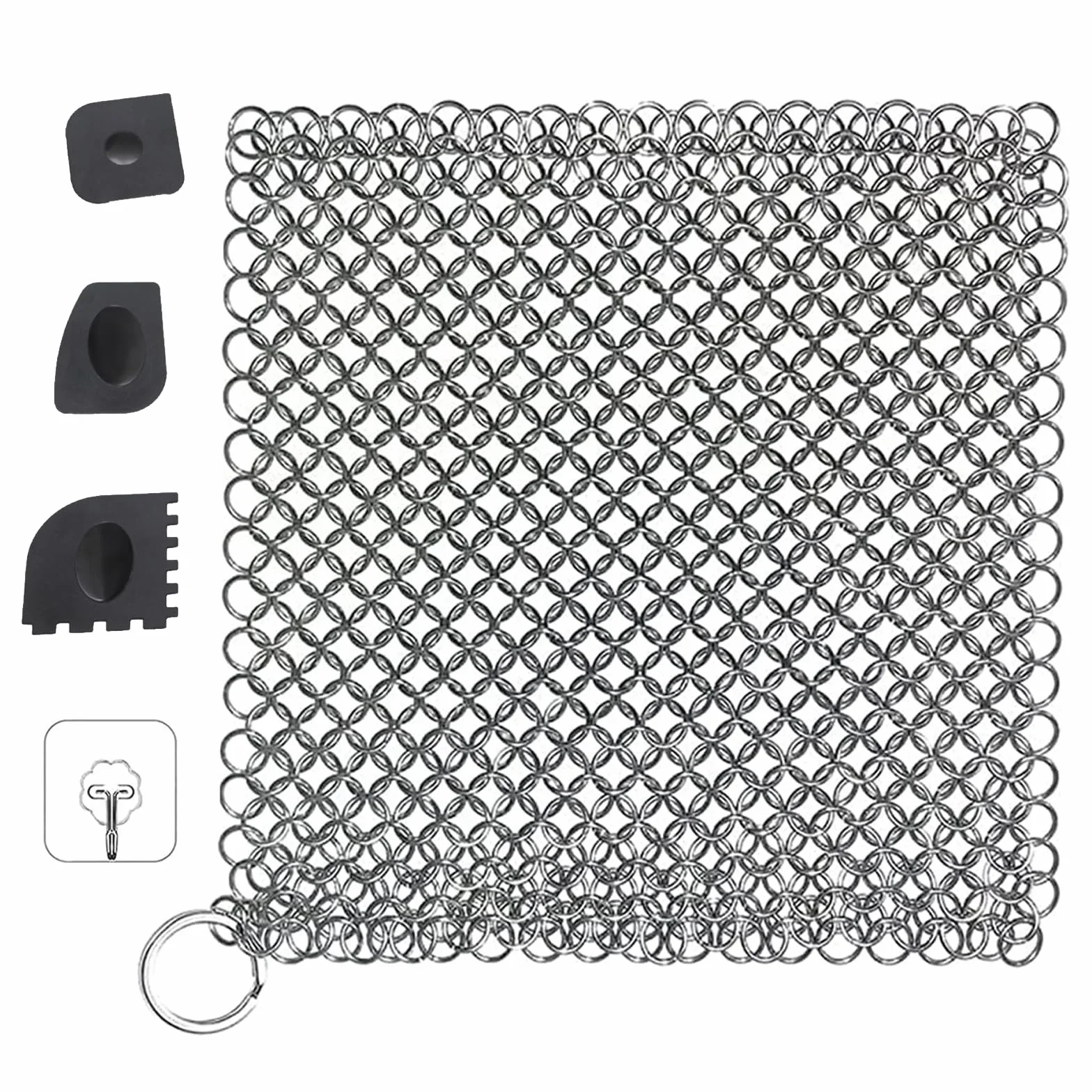 Środek do czyszczenia żeliwa ze stali nierdzewnej, skrobak Chainmail z wytrzymałym plastikowym skrobaczem do grilla i samoprzylepnymi haczykami do czyszczenia patelni żeliwnych lub woków i więcej