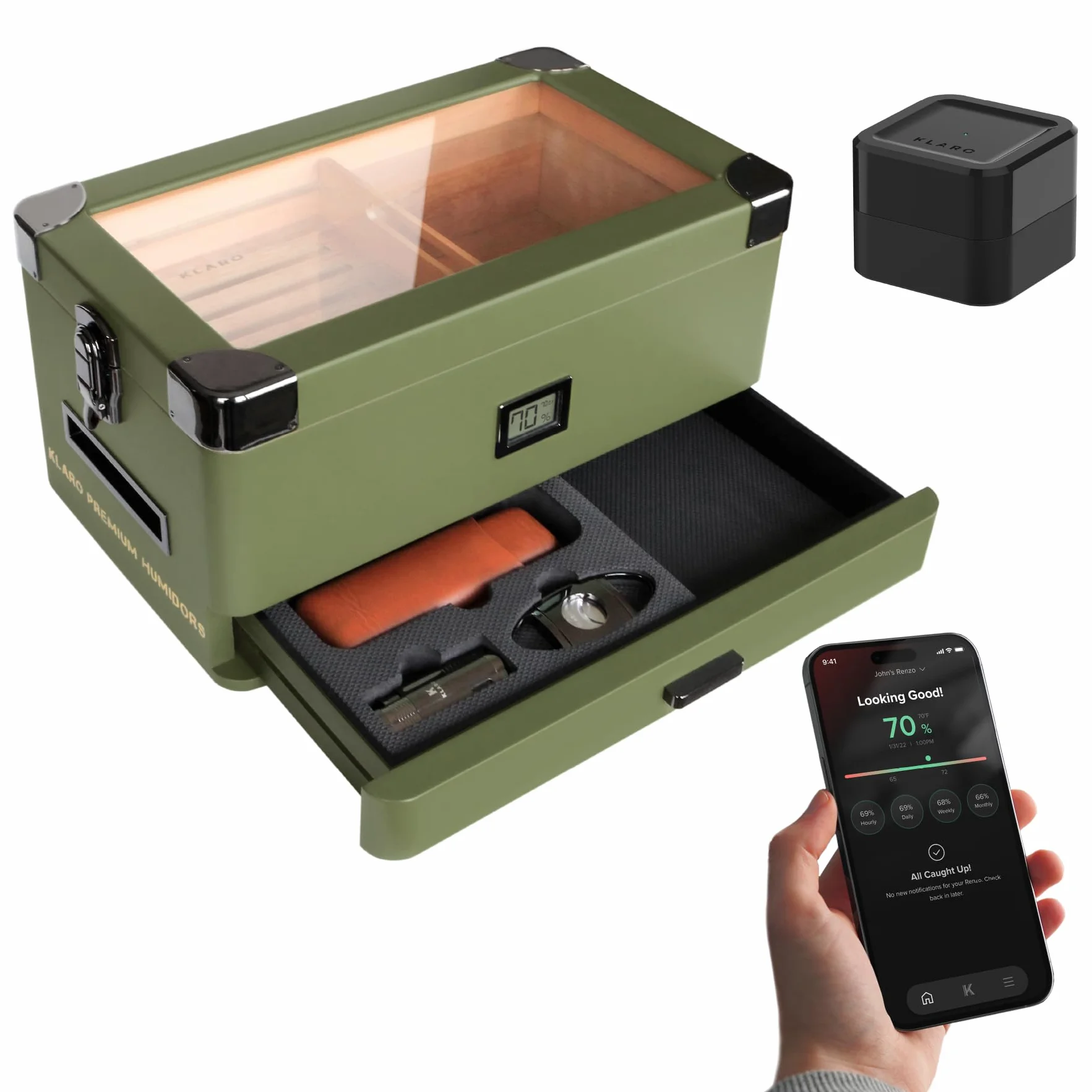 Case Elegance Military Glass Top Humidor, matowy zielony z cyfrowym higrometrem z przodu, hiszpański cedar, rozwiązanie nawilżające, system wody i akcesoria do pianek - Uchwyty (70-100 cygar) firmy