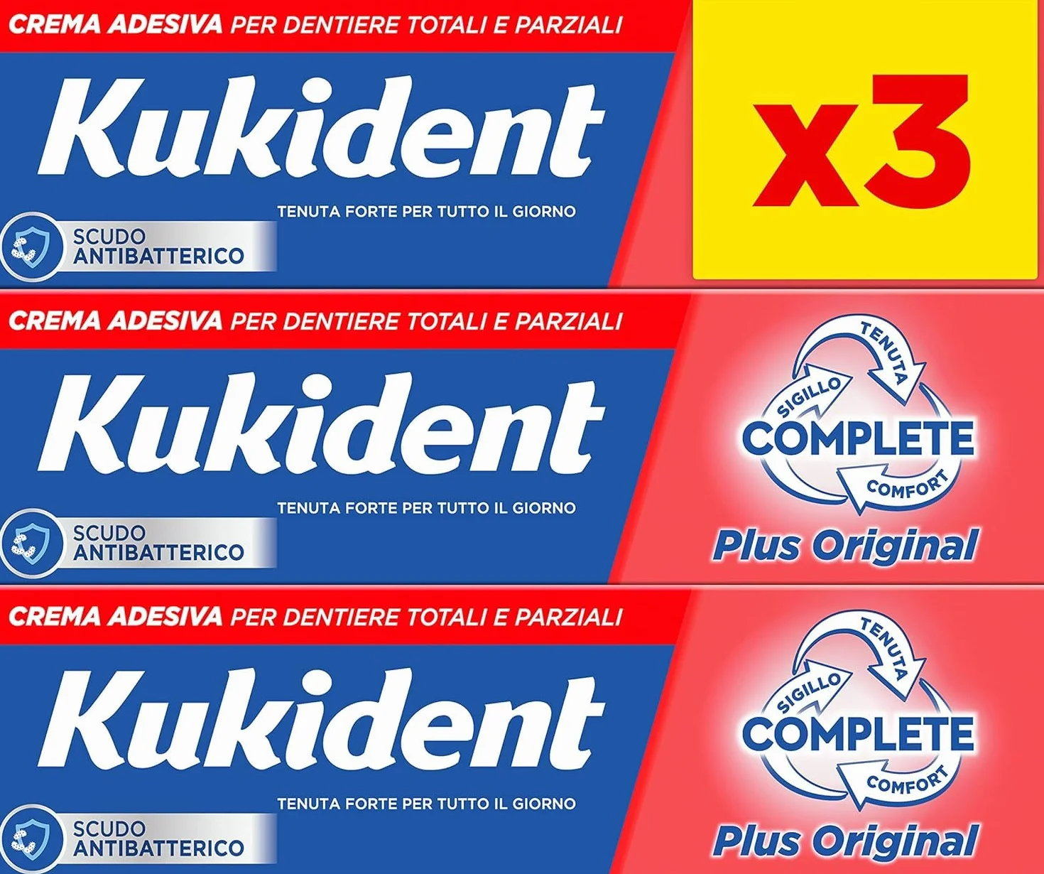 Kukident Kompletny krem samoprzylepny, klej do zębów do protez całkowitych i częściowych, 3 opakowania 35g, lekki miętowy smak, technologia antyfiltracji