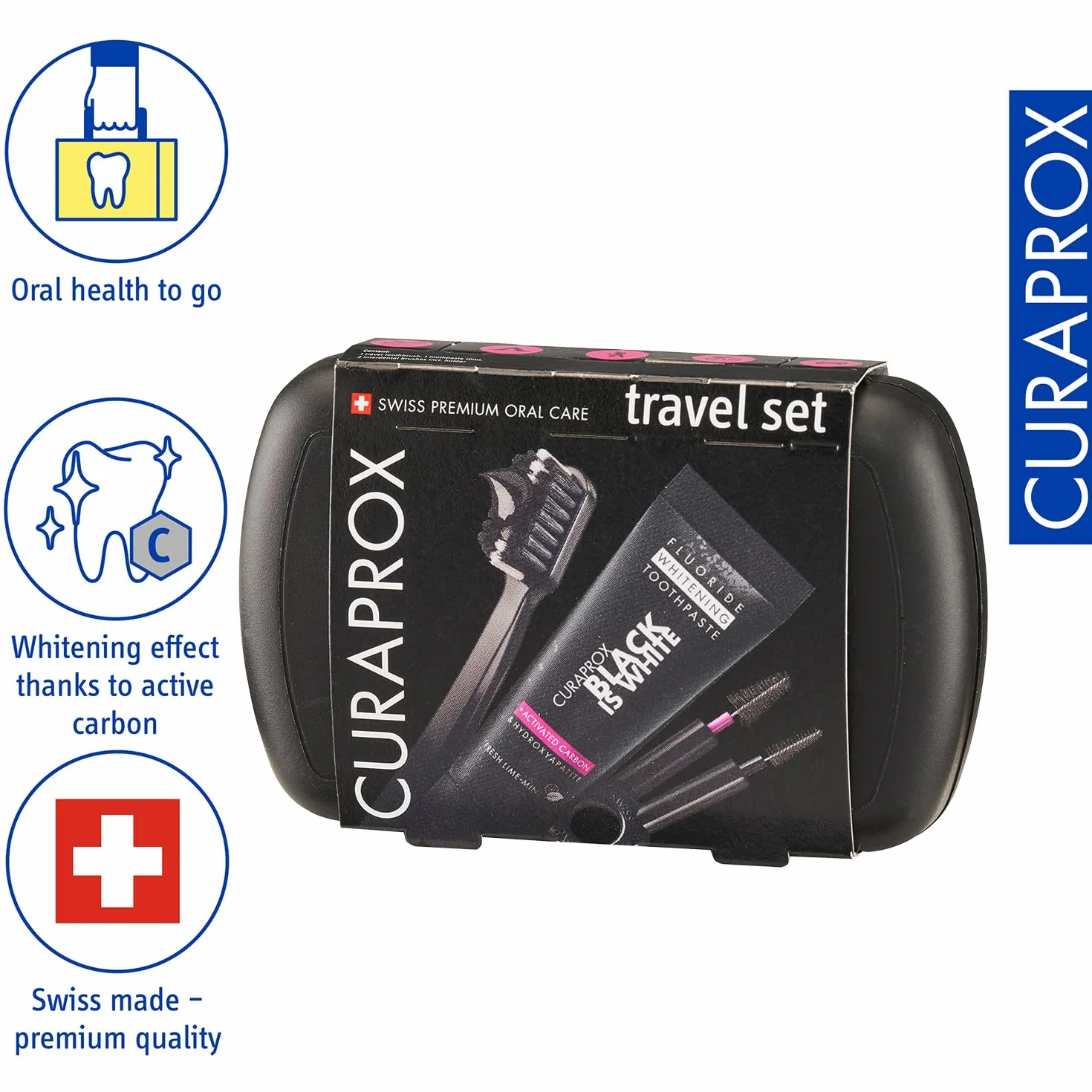 Curaprox travel toothbrush set – do wybielania zębów w podróży/Black is white edition/zawiera pastę do zębów, szczoteczkę do zębów i szczoteczki międzyzębowe/Made in Switzerland