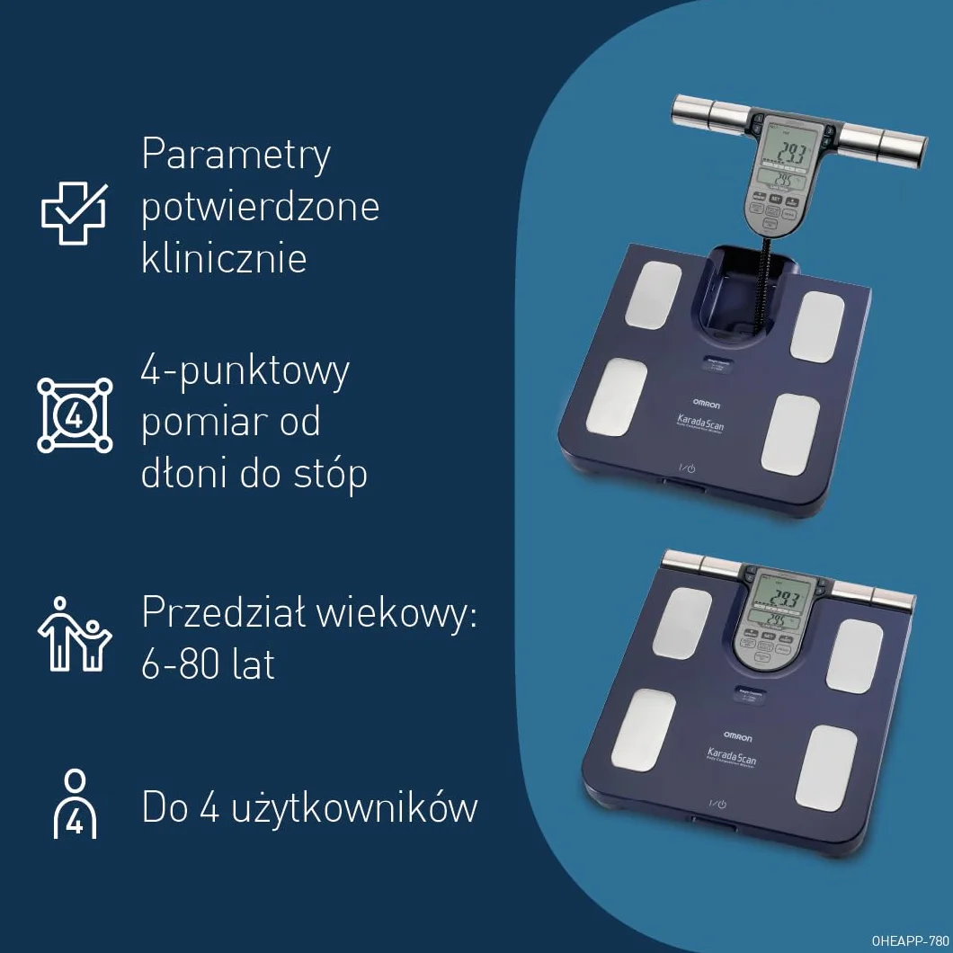OMRON BF511 to walidowany klinicznie monitor składu ciała z 8 precyzyjnymi czujnikami do pomiaru całego ciała – niebieski