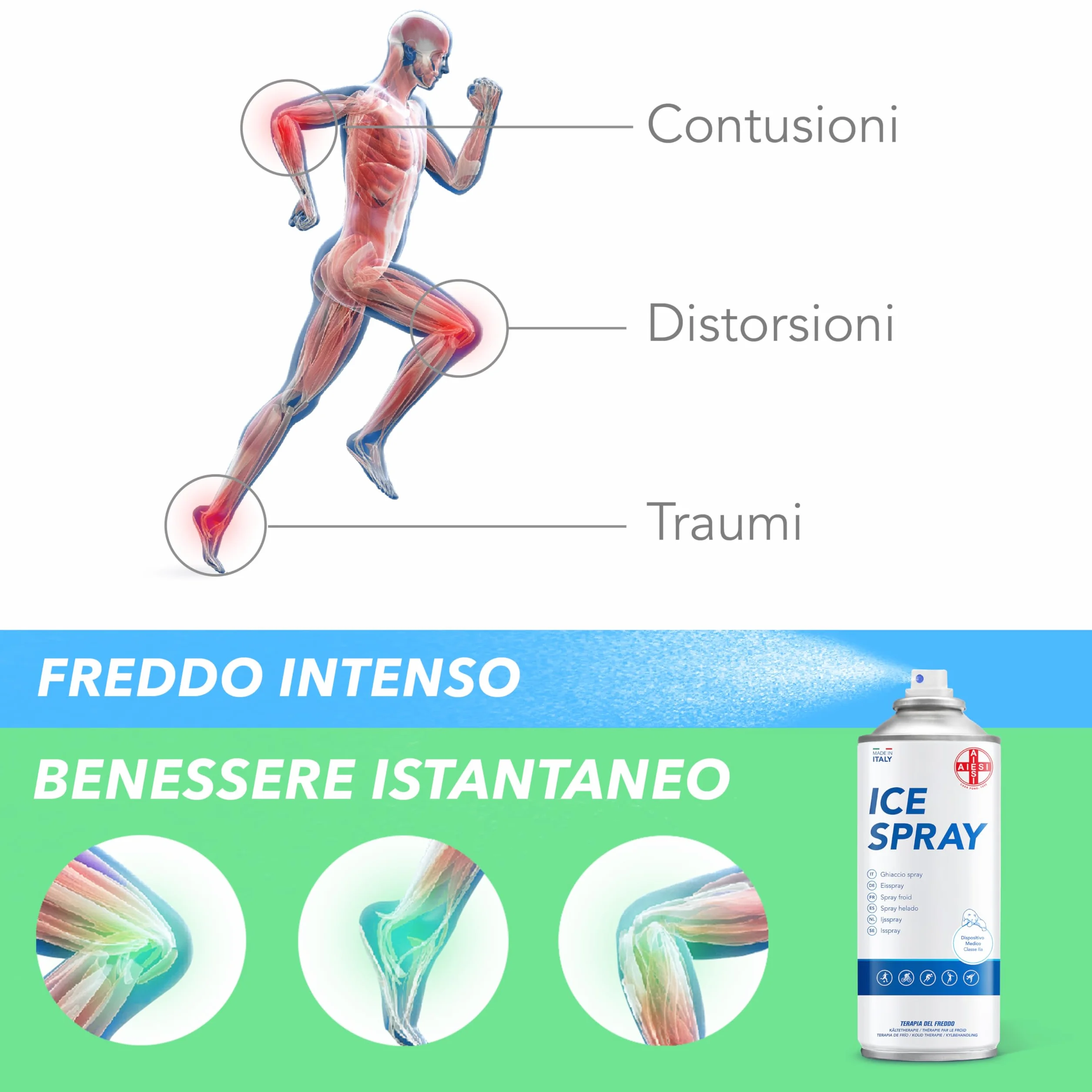 AIESI® Natychmiastowy sportowy spray lodowy z MENTOLEM puszka 400 ml ICE SPRAY, Made in Italy