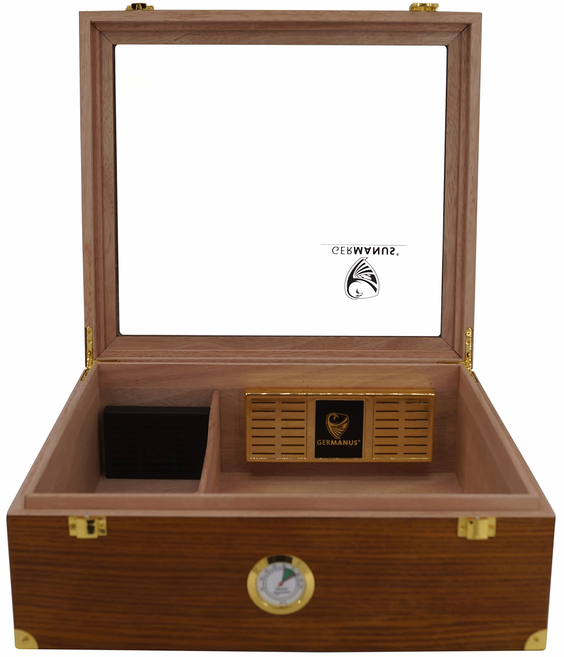 GERMANUS Humidor na 100 cygar w kolorze brązowym z okuciami i szklanym okienkiem