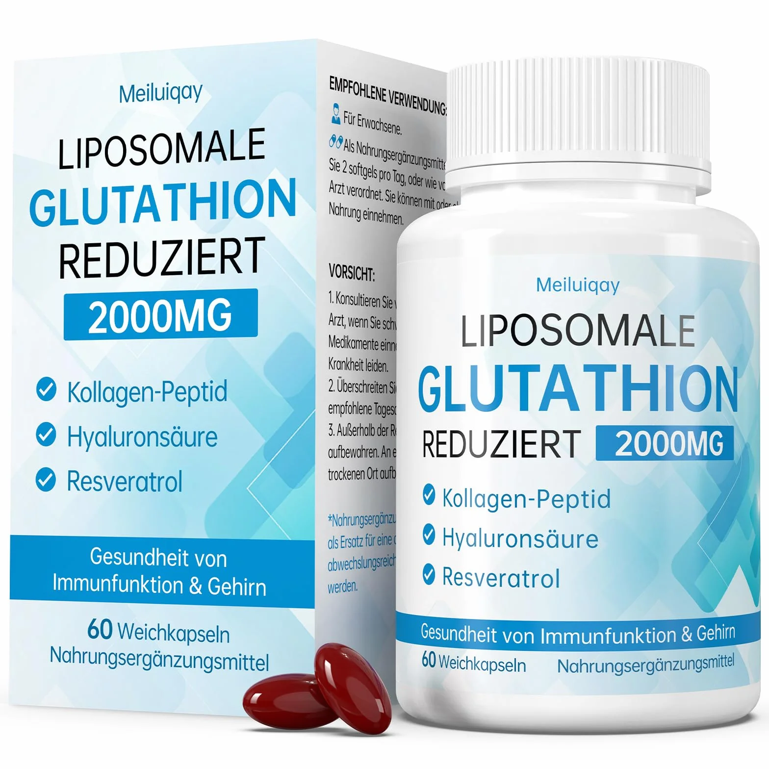 Liposomales Glutathion 2000 mg mit Hyaluronsäure, Kollagenpeptid & Resveratrol, 60 Stück