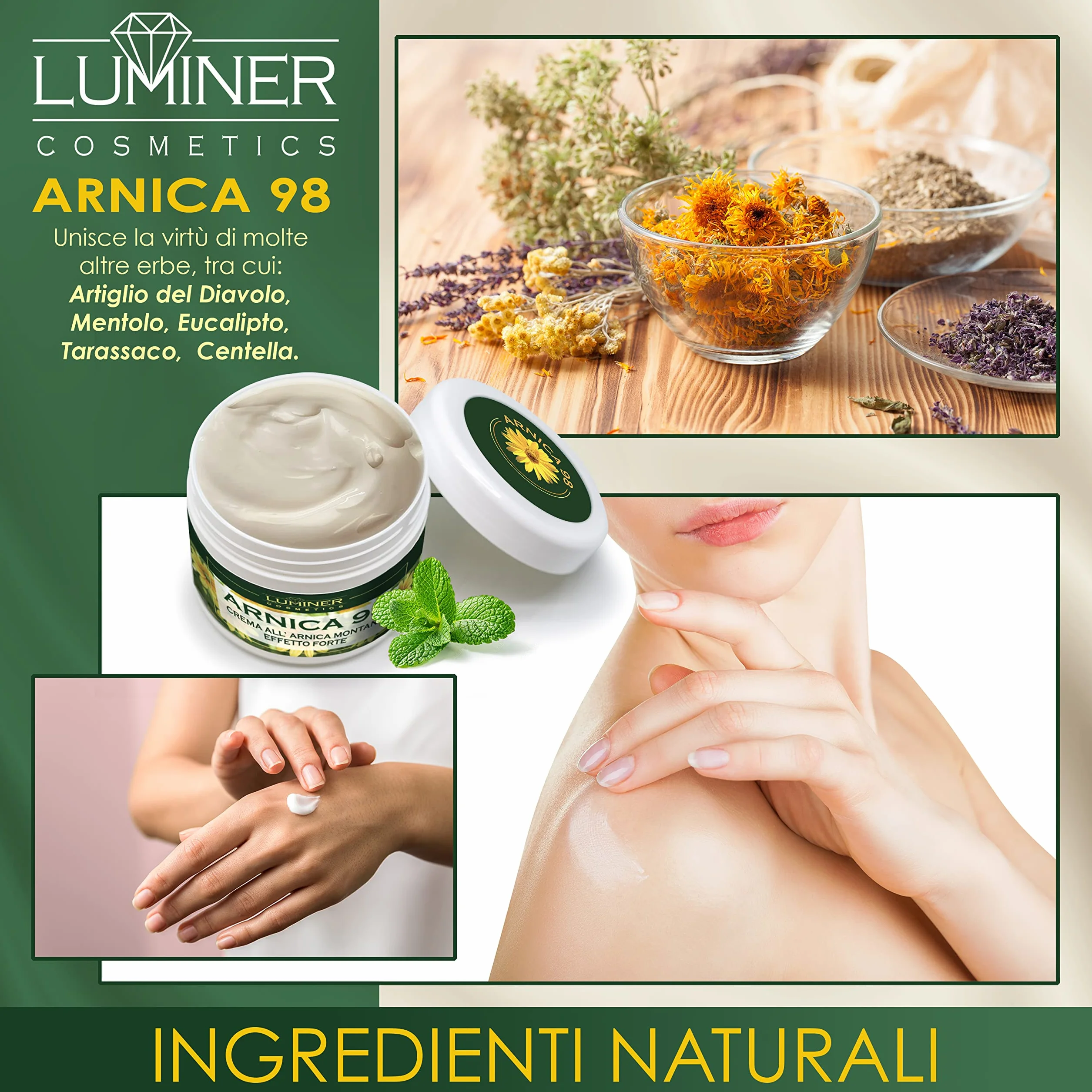 Arnika dla koni 200 ml LUMINER, silna arnica żelowa 98 do masażu, silny krem arnikowy Montana i mocny diabelski pazur, naturalna formuła skoncentrowana intensywnie działająca wyprodukowana we Włoszech