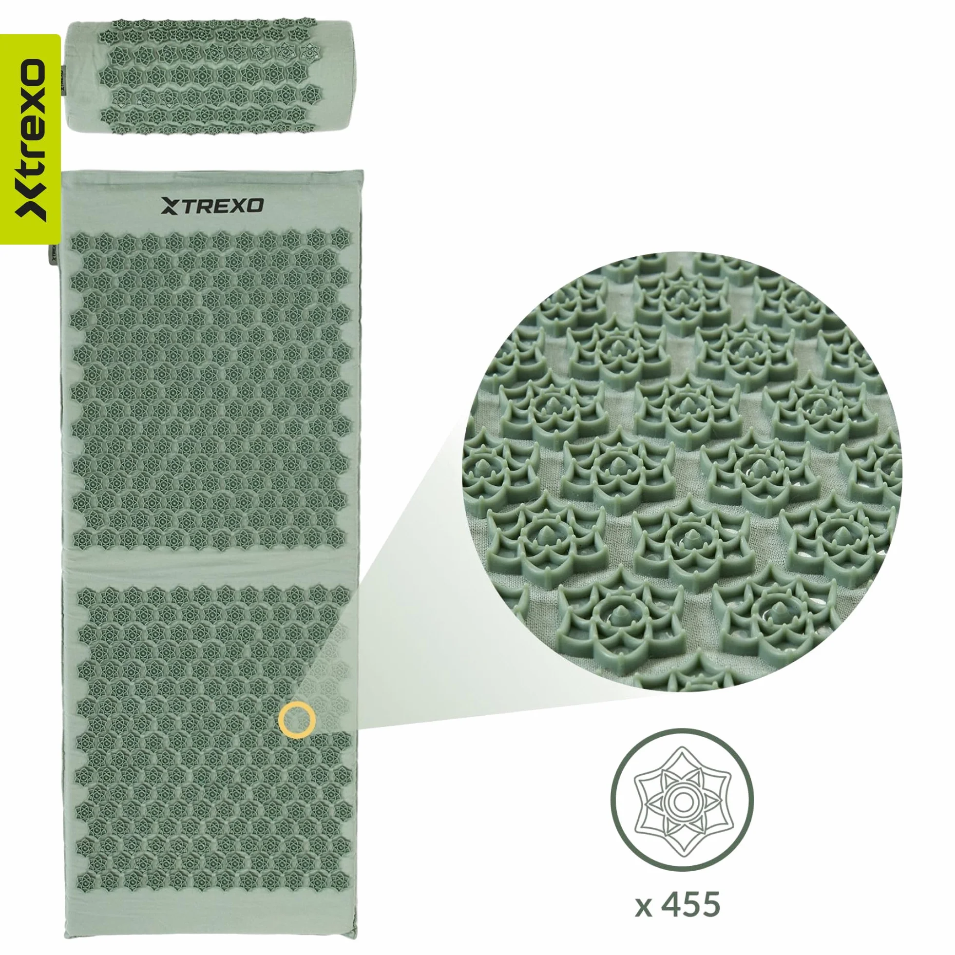 XTREXO Duża mata do akupresury z poduszką w kolorze zielonym 110 x 44 x 2 cm z poduszką 38 x 15 cm łącznie z poszewką z bawełny i gąbki 18D, odporna na ścieranie kolce z PCW, łagodzi napięcie mięśni