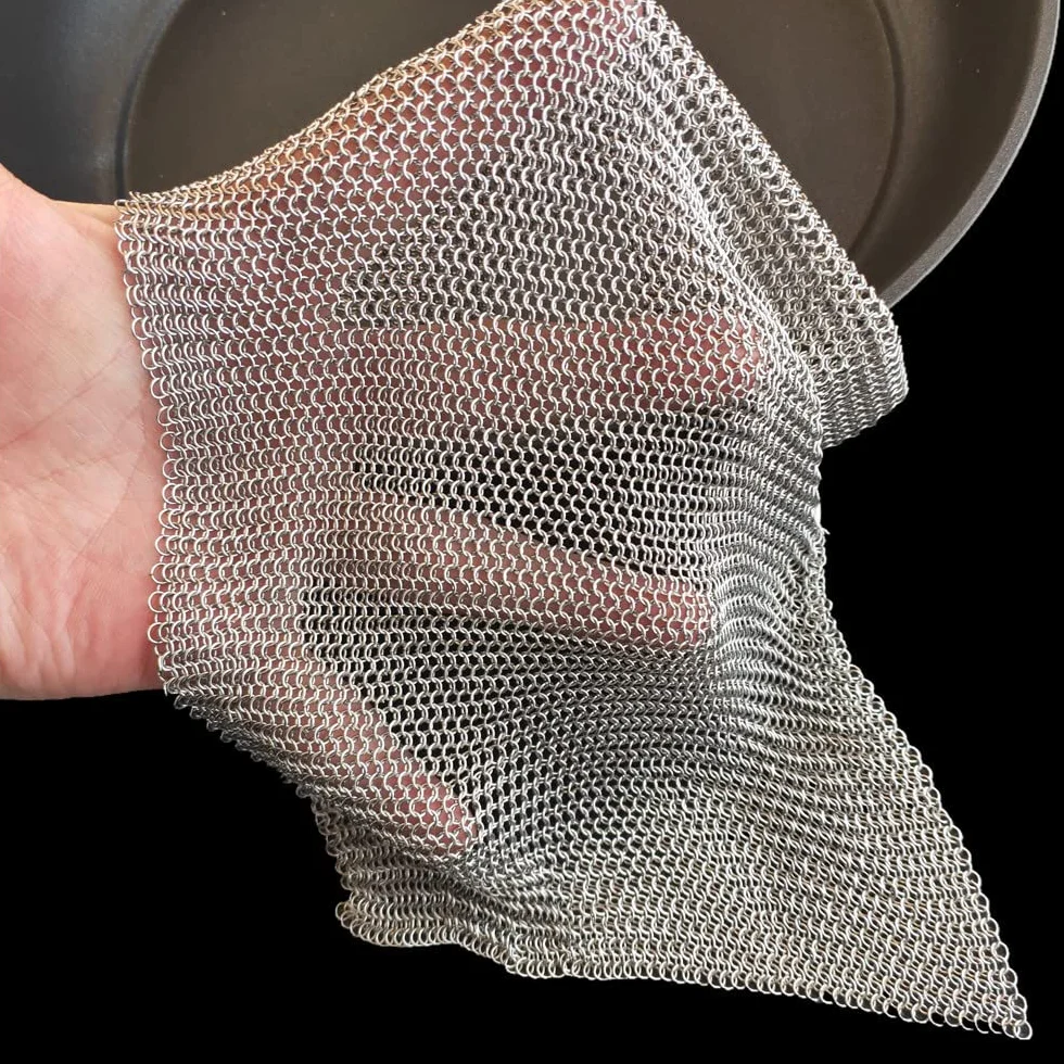 Scrubber żeliwny, skrobak ze stali nierdzewnej 316L, ulepszona szorowarka kolczuga 3,8 mm, do wstępnie sezonowanego garnka, holenderskiego piekarnika, gofrownicy, żeliwna patelnia, szklany