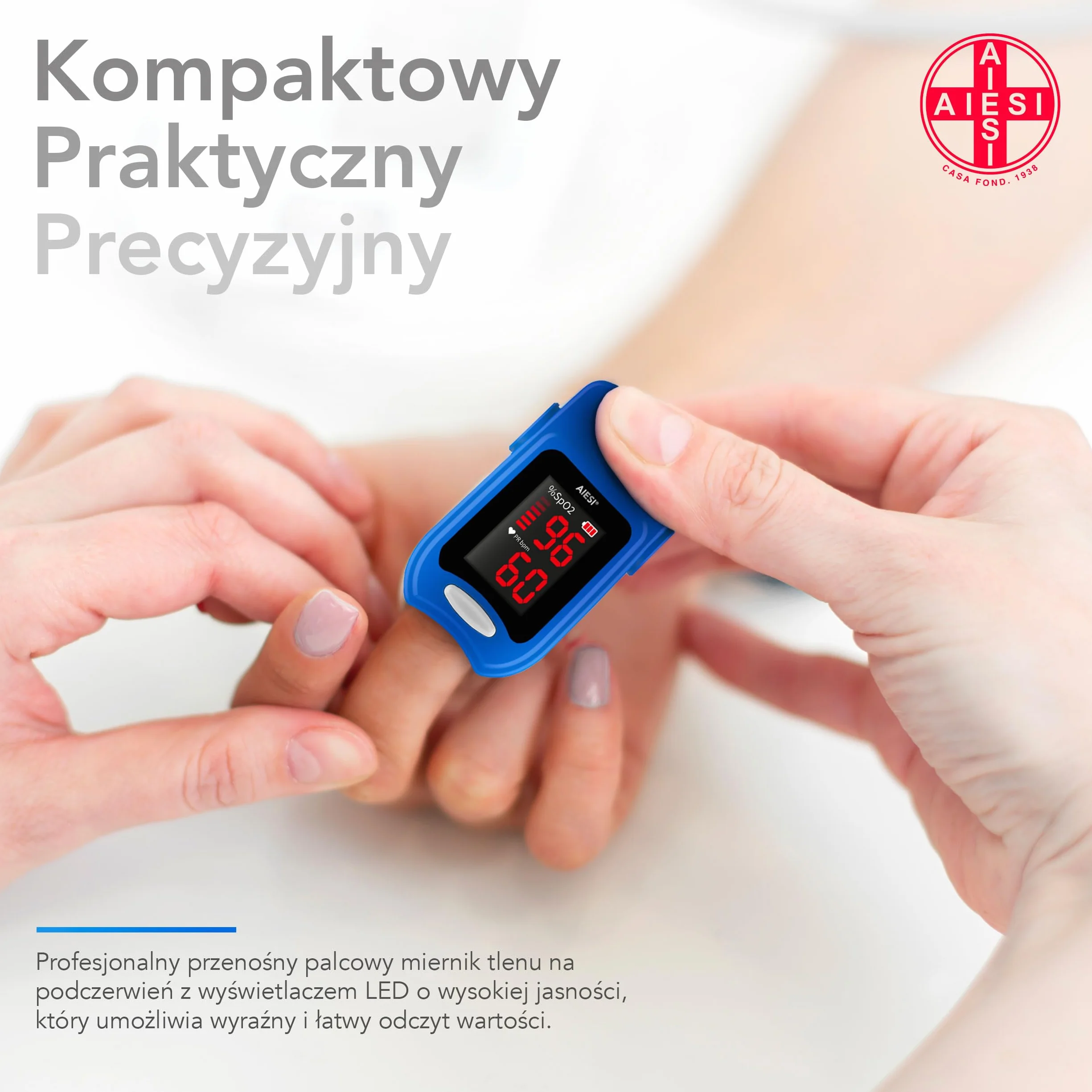 AIESI® Profesjonalny pulsoksymetr napalcowy z certyfikatem Pulsoksymetr z wyświetlaczem LED o wysokiej jasności A1, baterie, etui, instrukcja w języku włoskim, 24-miesięczna gwarancja włoska