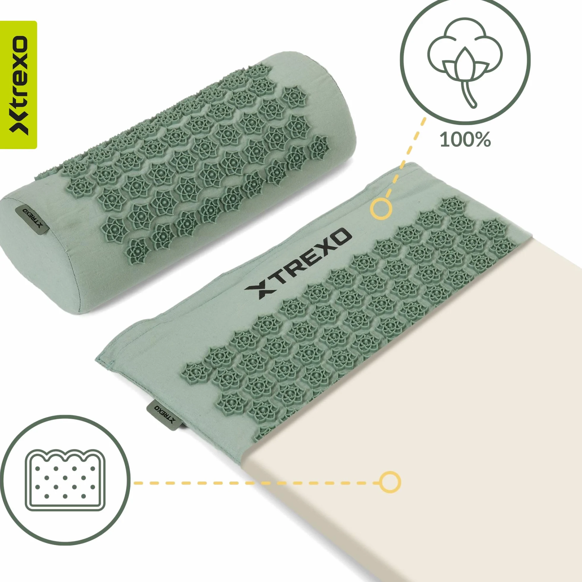 XTREXO Duża mata do akupresury z poduszką w kolorze zielonym 110 x 44 x 2 cm z poduszką 38 x 15 cm łącznie z poszewką z bawełny i gąbki 18D, odporna na ścieranie kolce z PCW, łagodzi napięcie mięśni
