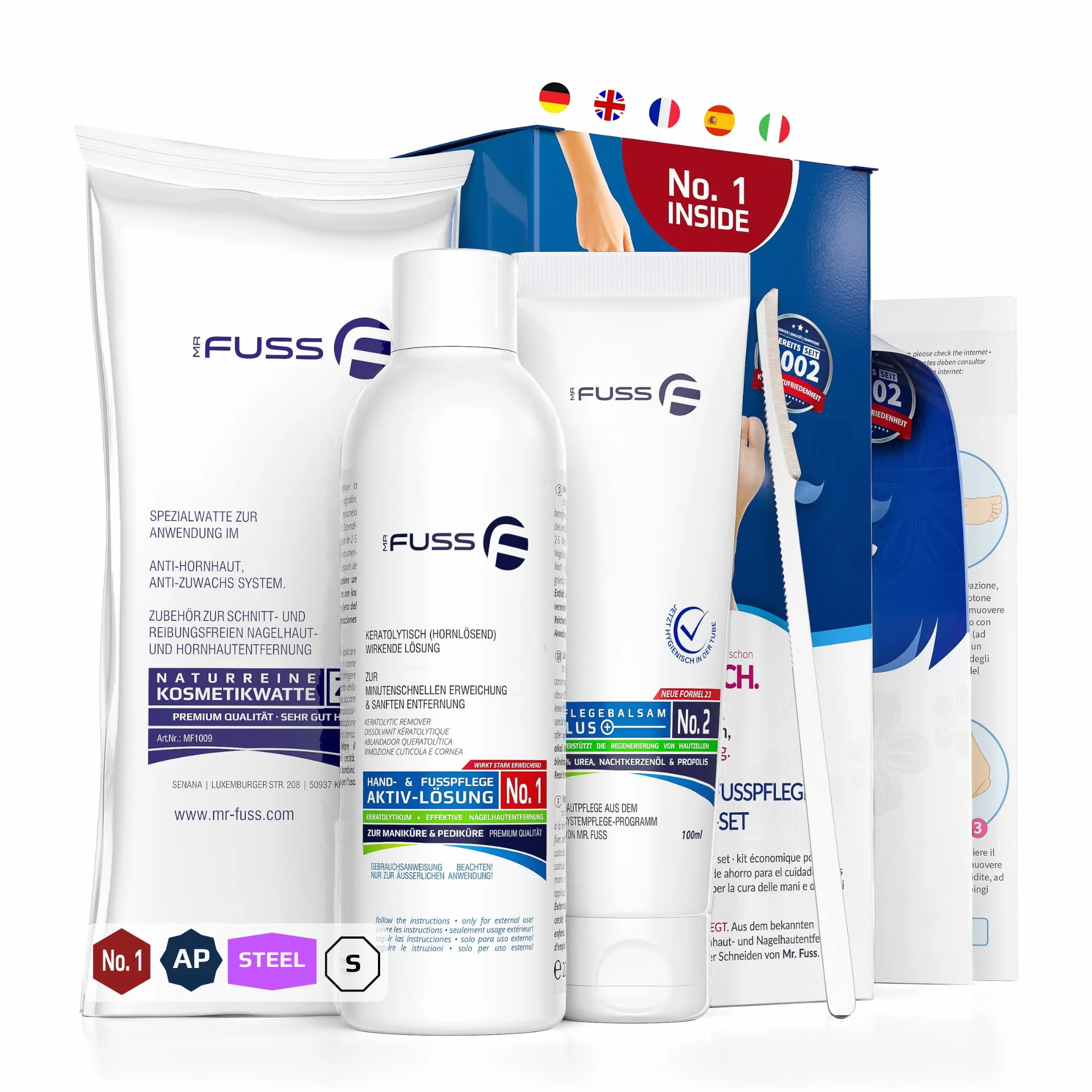 Mr. Fuss® No. 1 - Advanced Pack Steel - Mały, zestaw do usuwania skórek i zrogowaciałego naskórka, zestaw ekonomiczny 4-częściowy aktywny roztwór szybko i mocno zmiękczający - 200 ml, balsam nr 2-100