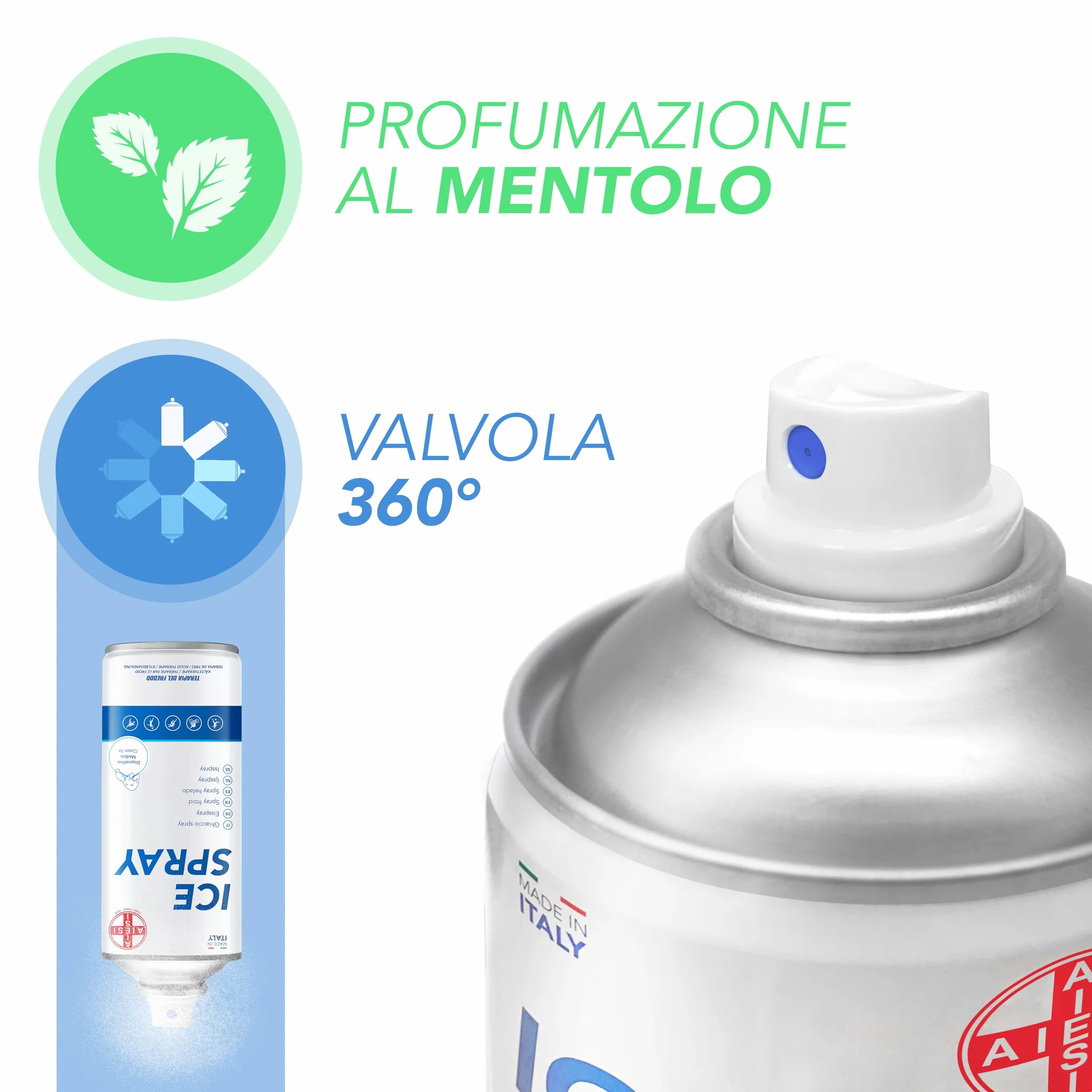 AIESI® Natychmiastowy sportowy spray lodowy z MENTOLEM puszka 400 ml ICE SPRAY, Made in Italy