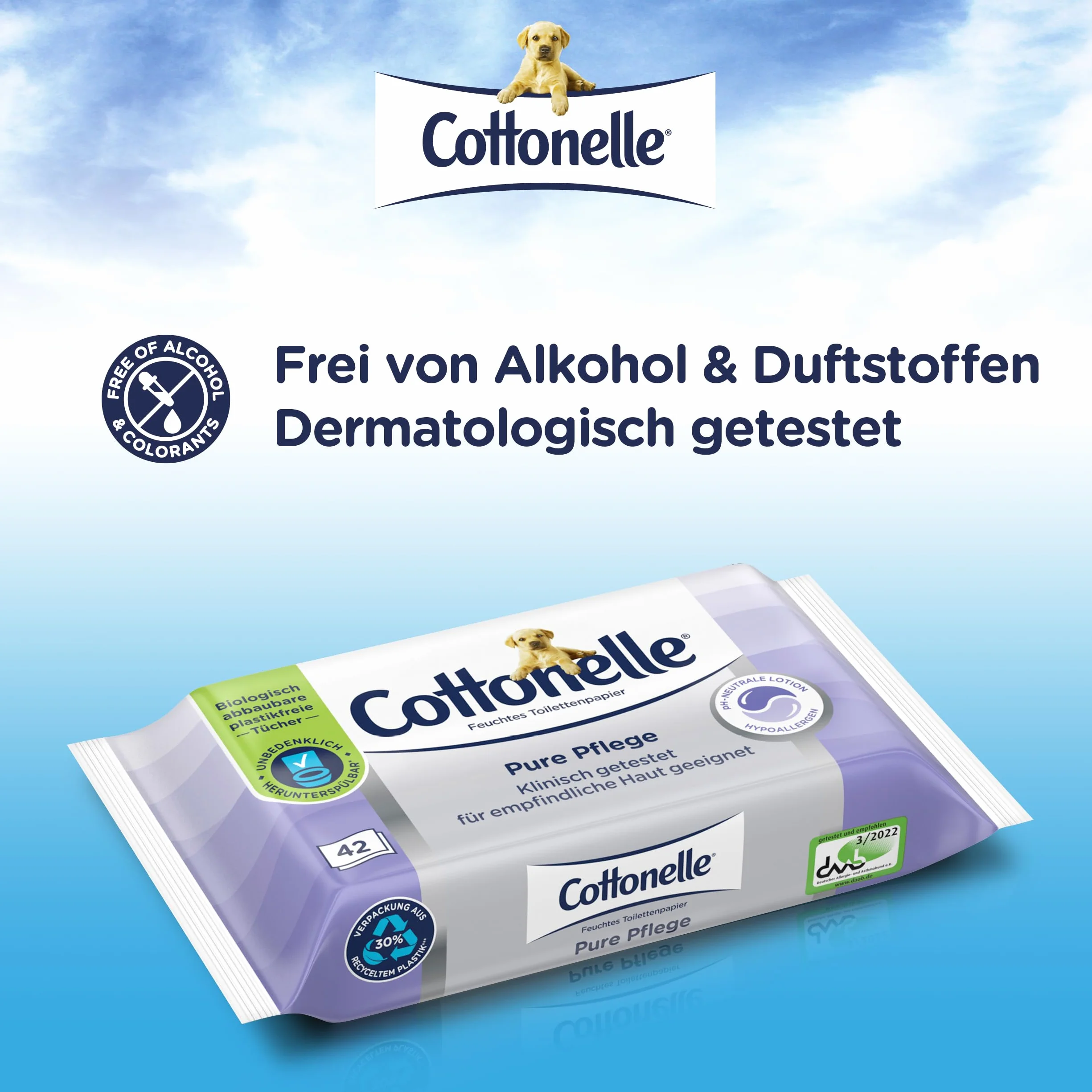Cottonelle Mokry papier toaletowy Pure Pielęgnacja, ultra czuły, 99% wody, 12 x 42 chusteczki, bezzapachowy i hipoalergiczny