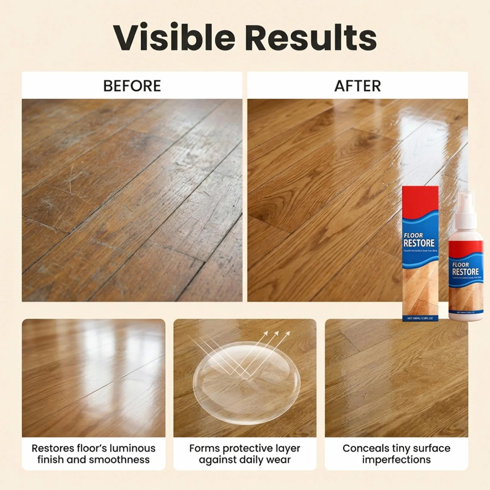 Floor Restore, środek do polerowania podłóg drewnianych, 100 ml, środek do renowacji, renowacja parkietu, ochrona przed zadrapaniami, długotrwały połysk, bez pozostałości (2 sztuki)