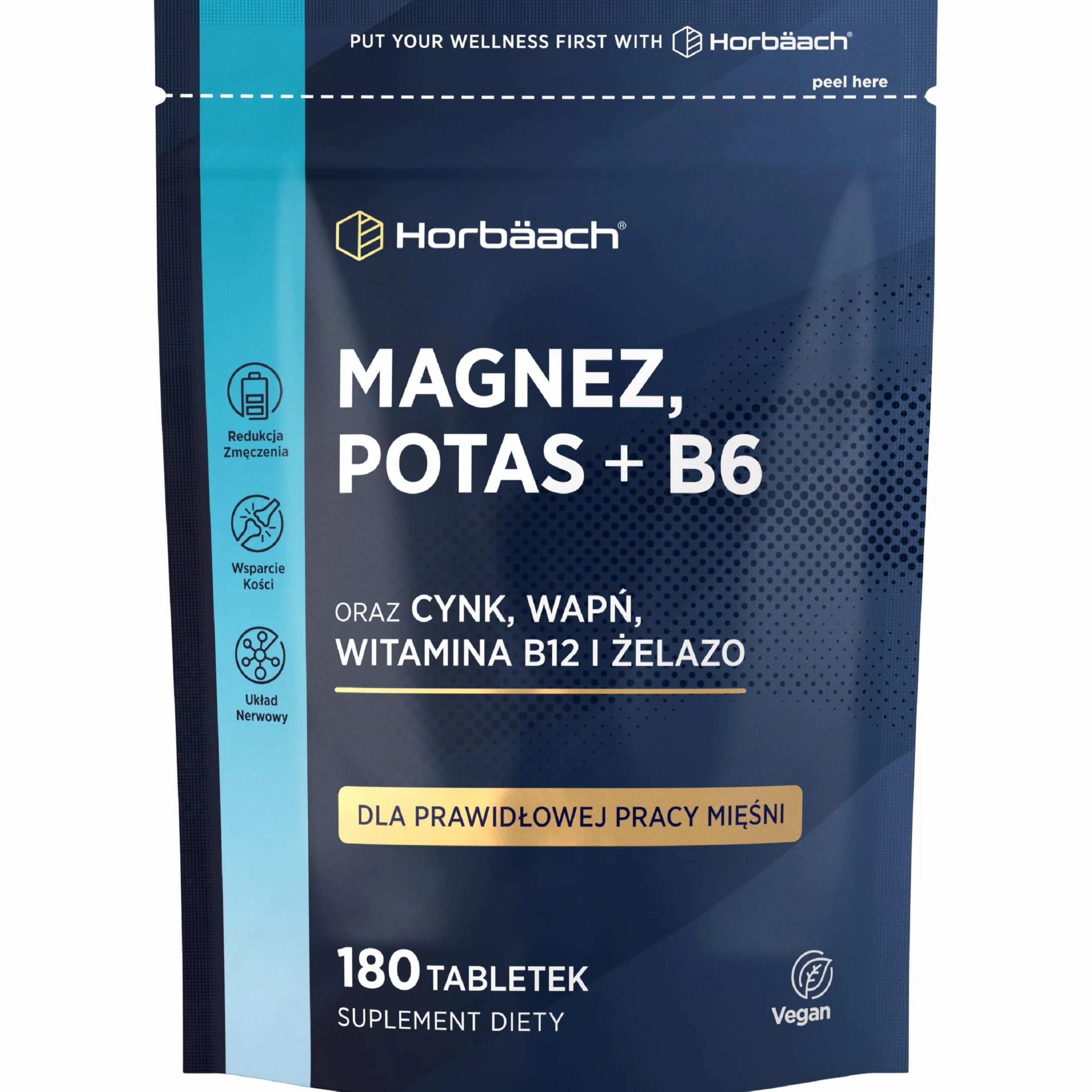 Magnez, Potas i Witamina B6 w Tabletkach | Kompleks z Cynkiem, Wapniem, Witaminą B12 i Żelazem | Kompleks Witamin i Minerałów | 180 Wegańskich Tabletek - Zapas Na 6 Miesięcy | marki Horbaach