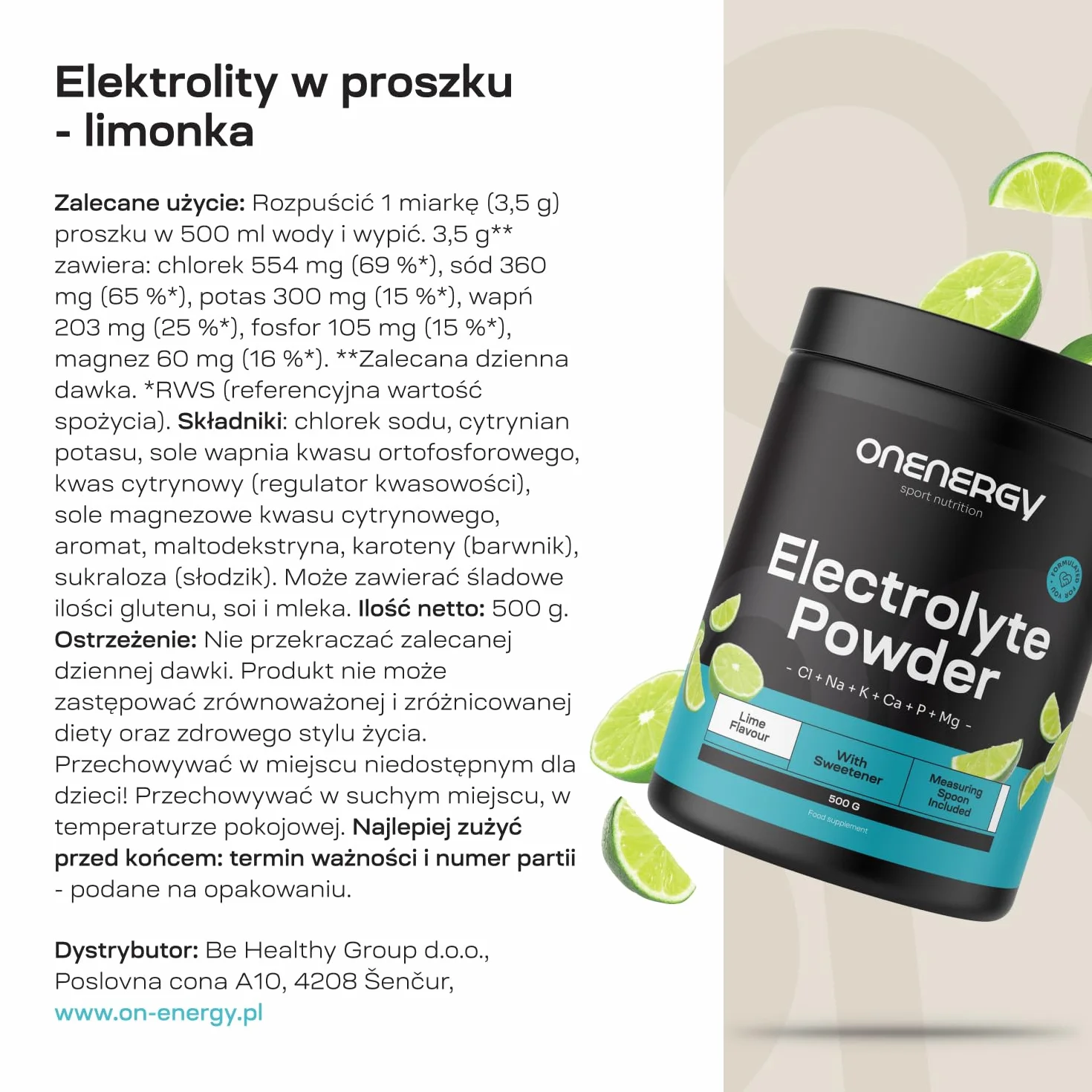 OnEnergy Elektrolity w proszku Limonka 500 g 142 porcje Mieszanka 6 minerałów Nawodnienie Wsparcie mięśni i nerwów
