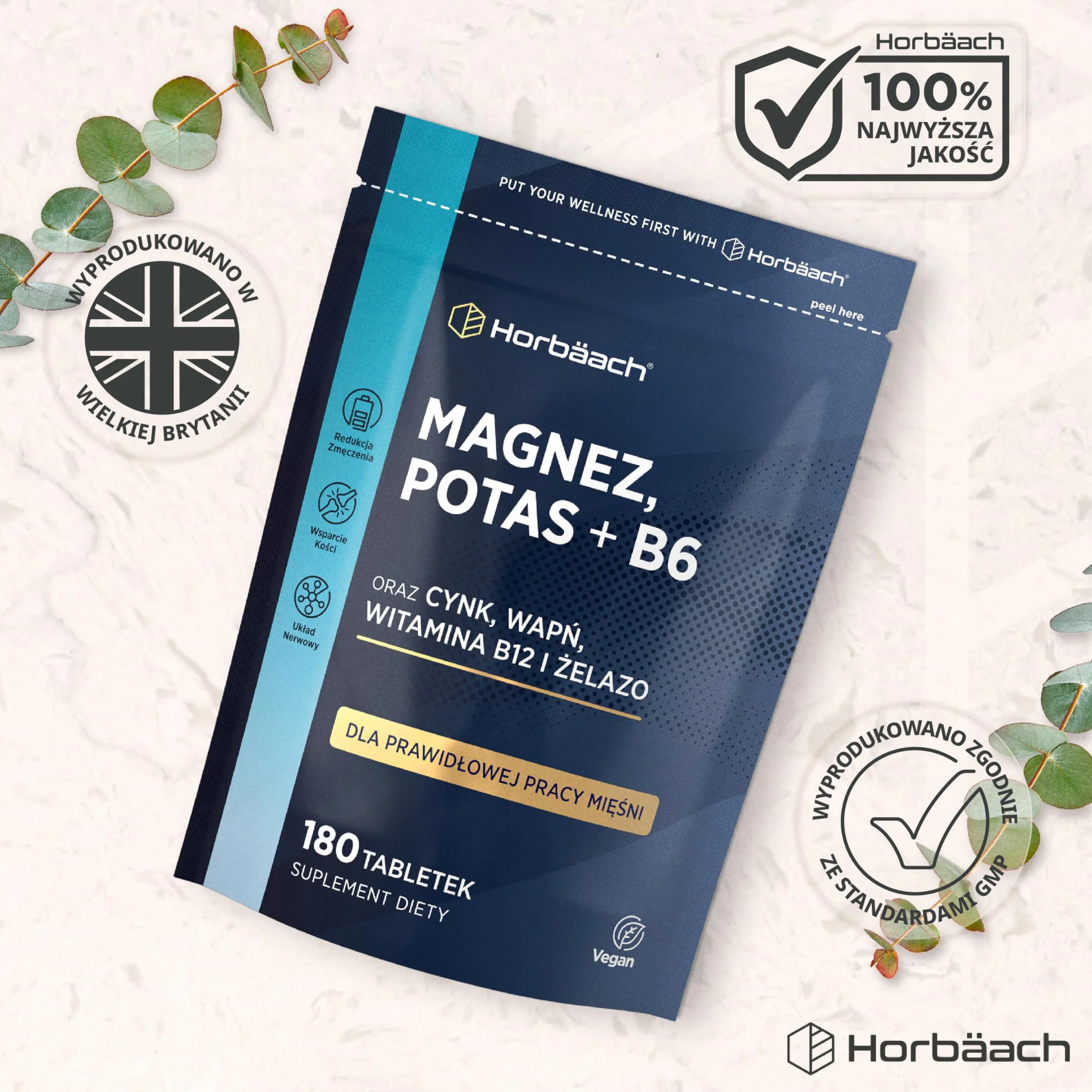 Magnez, Potas i Witamina B6 w Tabletkach | Kompleks z Cynkiem, Wapniem, Witaminą B12 i Żelazem | Kompleks Witamin i Minerałów | 180 Wegańskich Tabletek - Zapas Na 6 Miesięcy | marki Horbaach