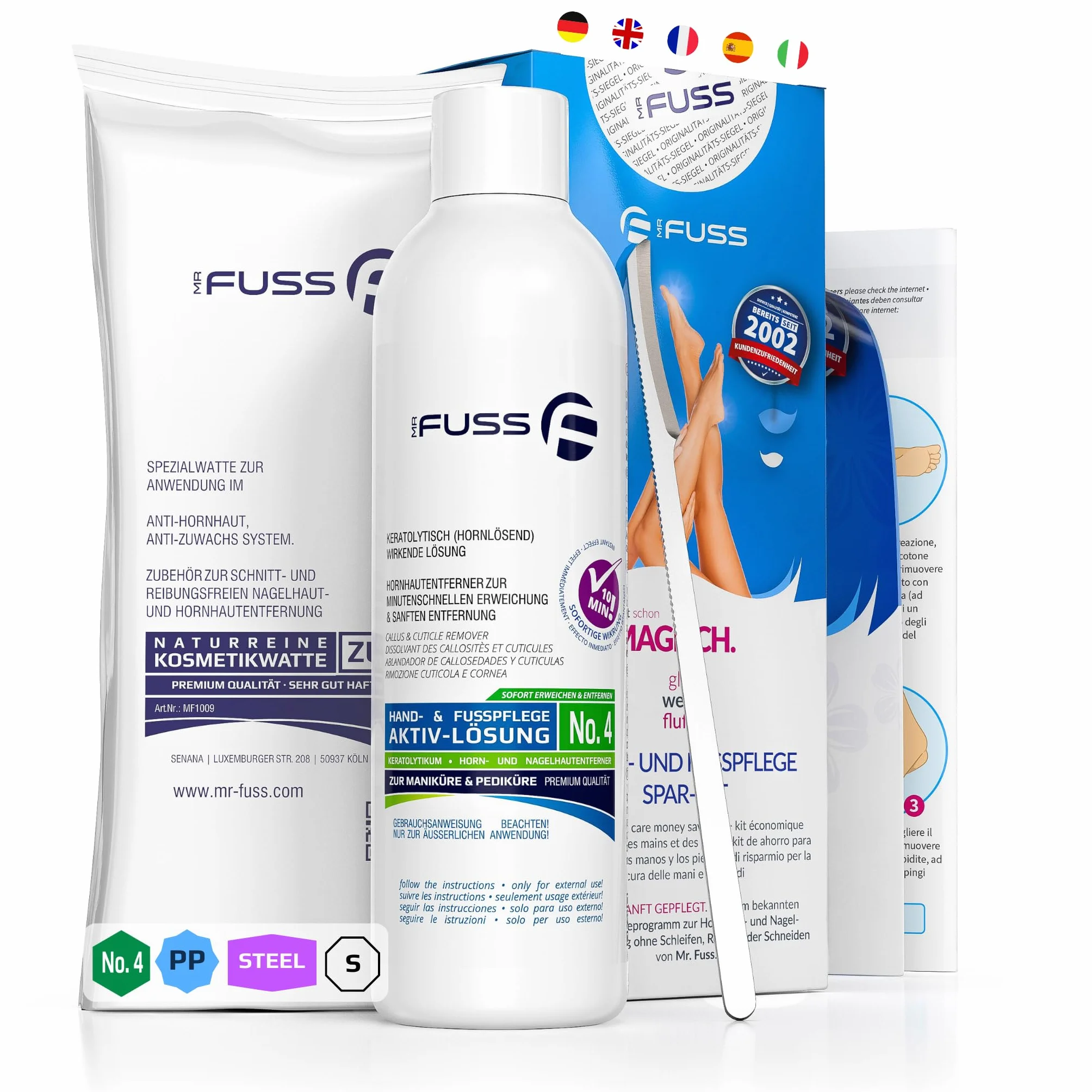 Mr. Fuss aktywny rozpuszczacz do usuwania zrogowaciałego naskórka No. 4 Plus Pack Steel - 3-częściowy zestaw do pielęgnacji stóp
