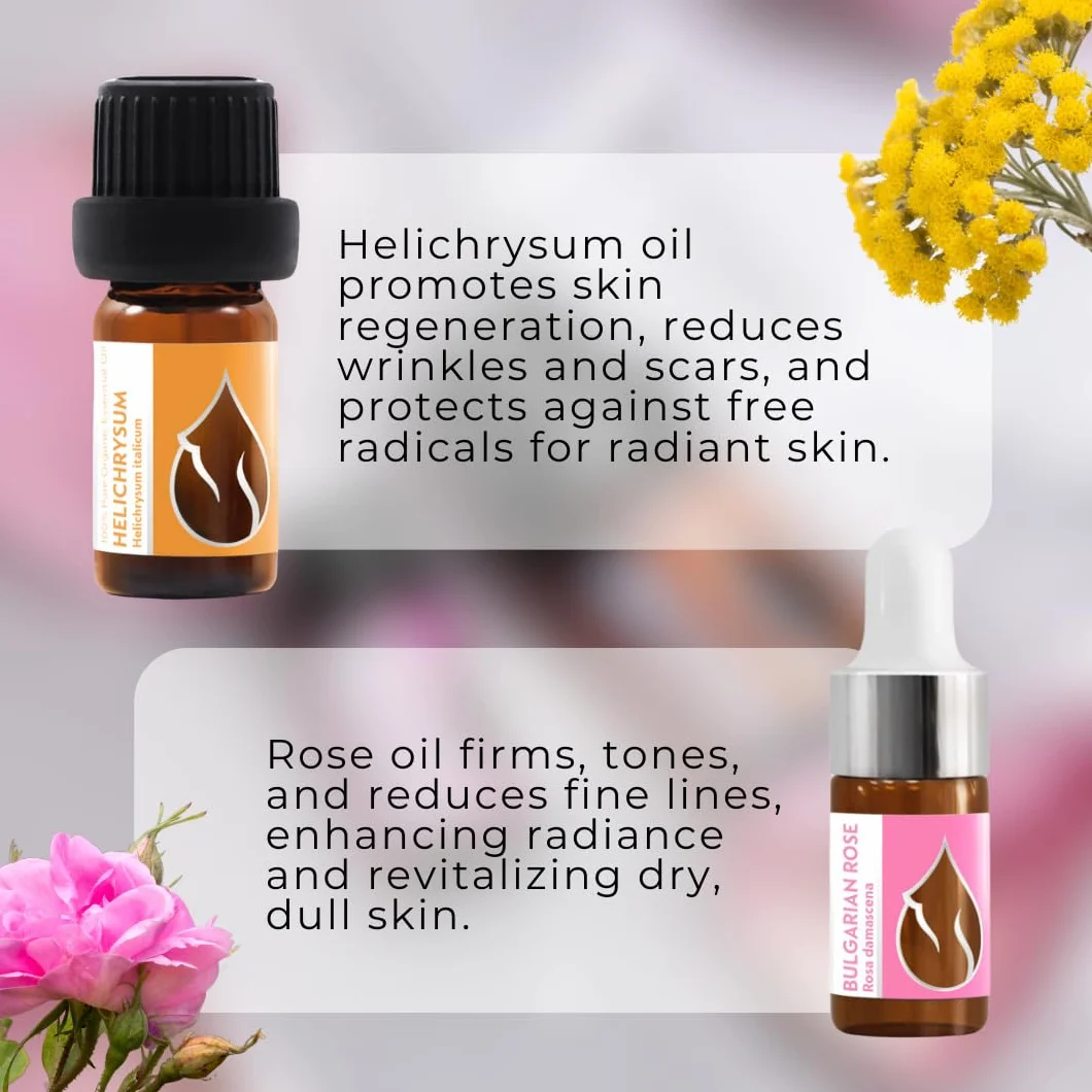 Zestaw "Luksus" Organicznych Olejków Eterycznych | Kocanka (5ml) + Róża (3ml)| 100% Czysty i Naturalny | Nierozcieńczony | Klasa terapeutyczna | Gospodarstwo rodzinne | Destylowany z parą wodną | 2szt