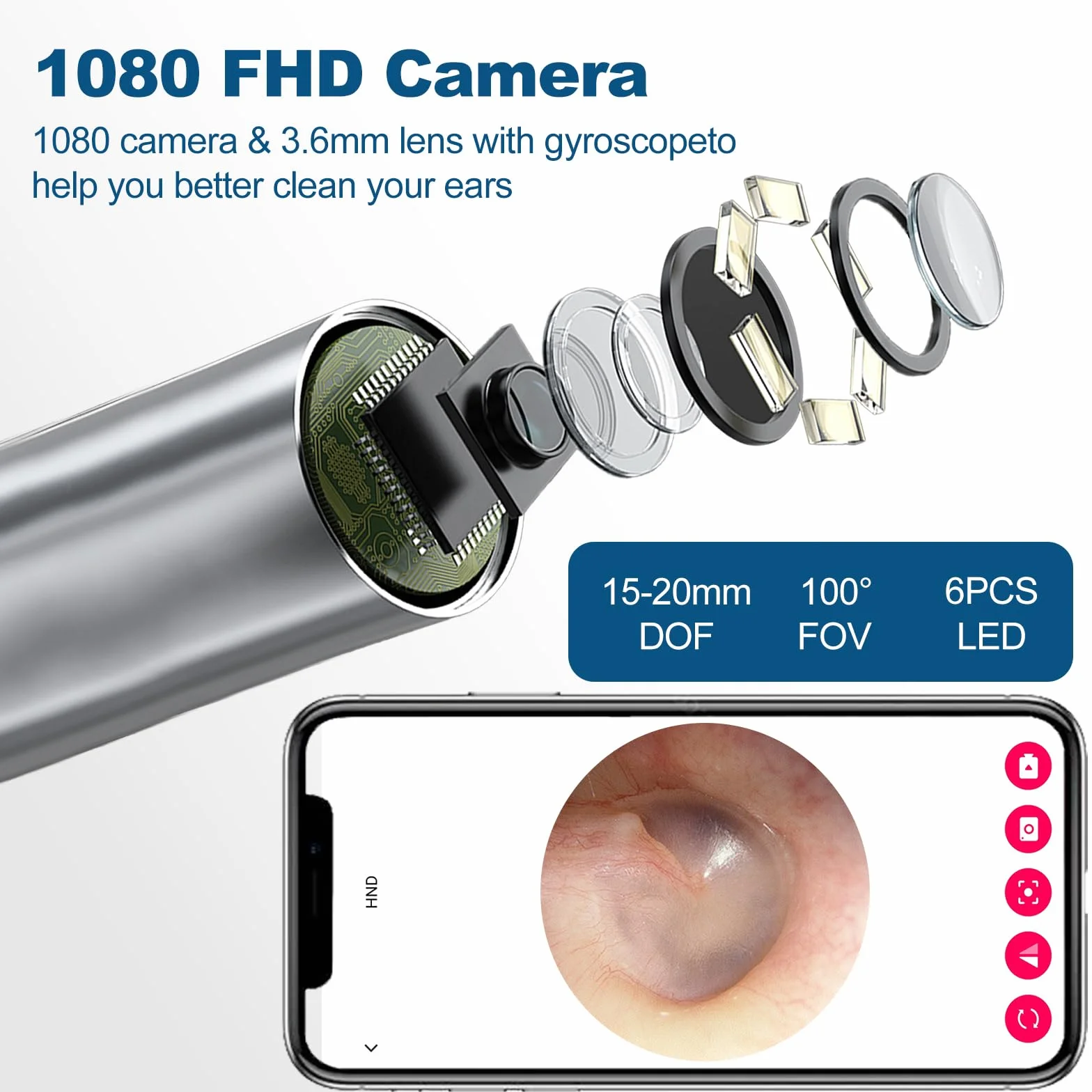 Otoskop do usuwania woskowiny, 1080p HD, WiFi, urządzenie do czyszczenia uszu z aparatem, otoskop z 6 diodami LED, wodoszczelność IP67, do otoskopu, do smartfonów z systemem iOS, Android