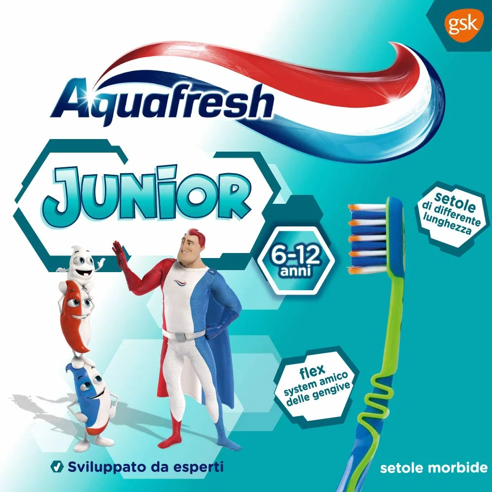 Aquafresh Junior Szczoteczka do zębów dla dzieci 6-12 lat, miękkie włosie, 12 szt