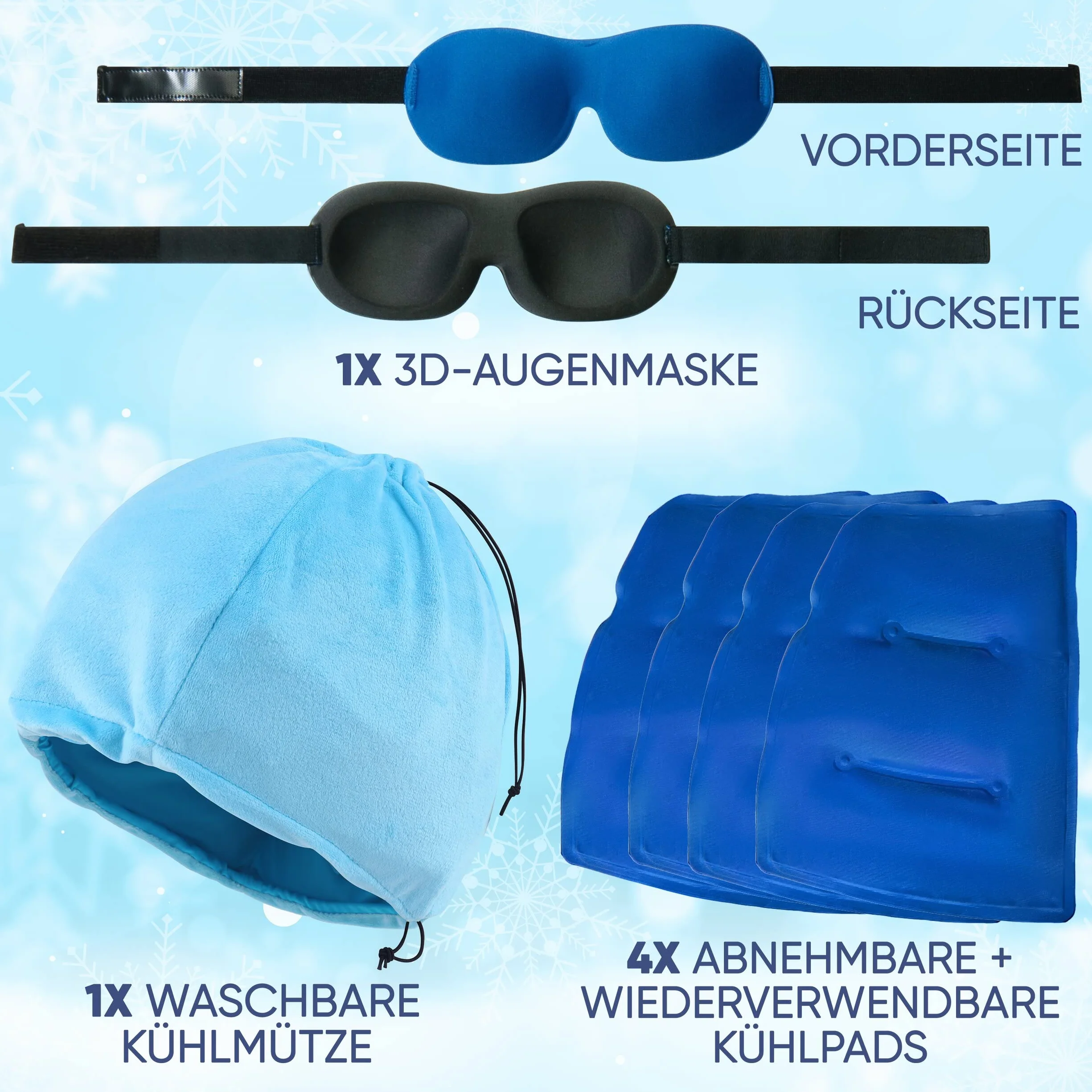 ICEHOF Czapka chłodząca Extra z 4 wkładami chłodzącymi, Maska 3D, chłodząca czapka żelowa do skóry głowy podczas chemioterapii, na migrenę i bóle głowy