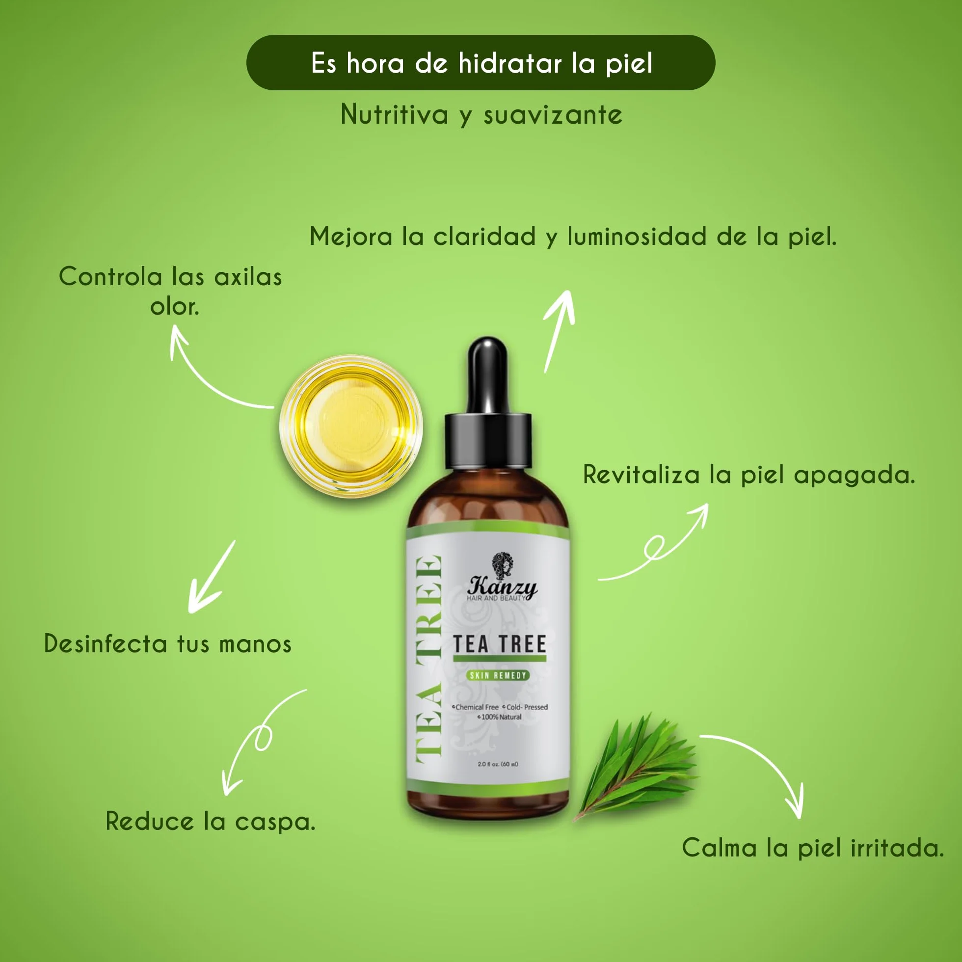 Kanzy Olejek Drzewa Herbacianego 60ml 100% dla Skóry Tea Tree Oil Zabieg na Twarz, Włosy, i Paznokcie Naturalny Wegański