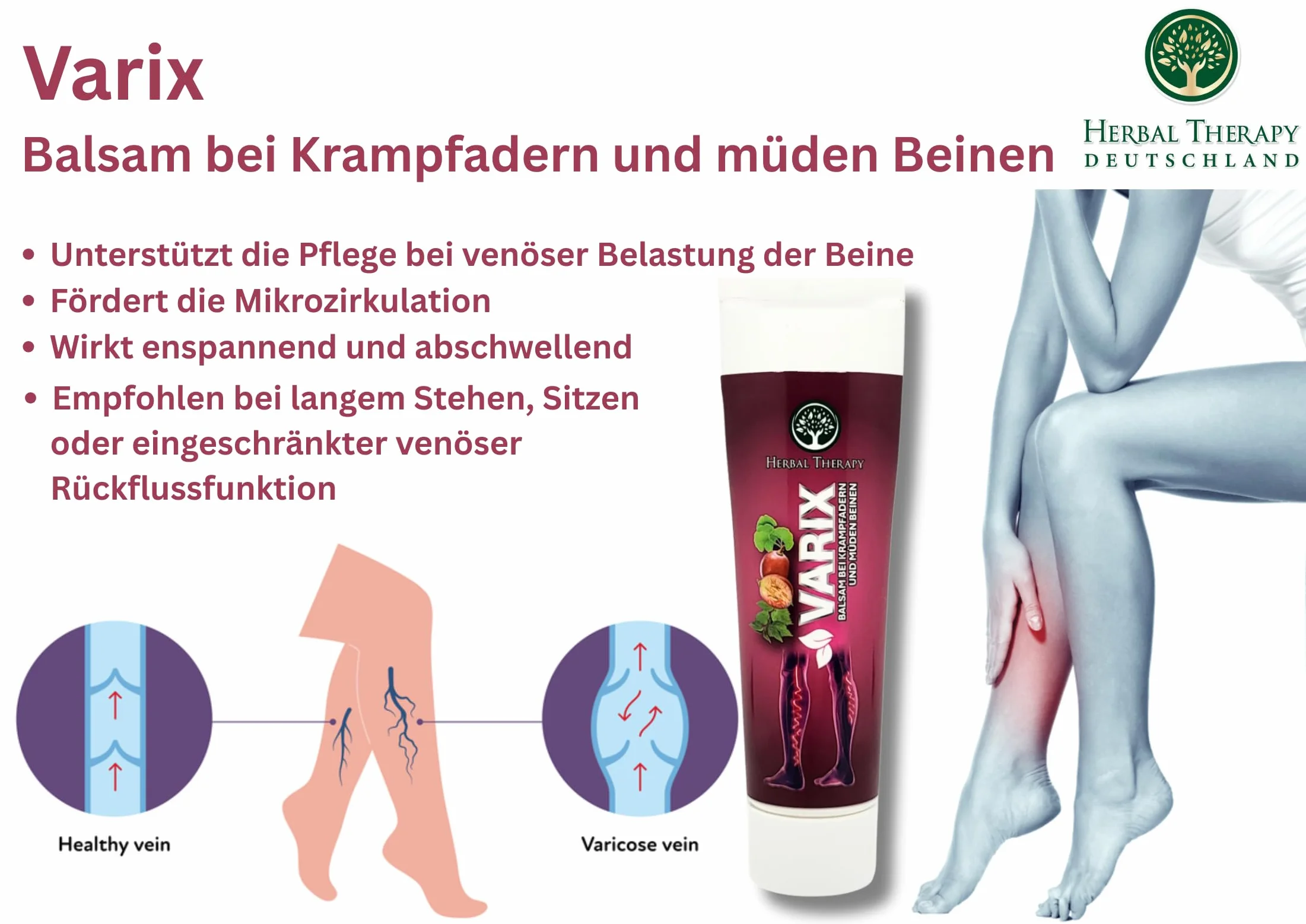 VARIX balsam do żył – 100% naturalny krem ziołowy z kasztanowcem, miłorzębem japońskim i diosminą – przeciw żylakom, zmęczonym i ciężkim nogom – chłodzący, wspomaga krążenie krwi – 100
