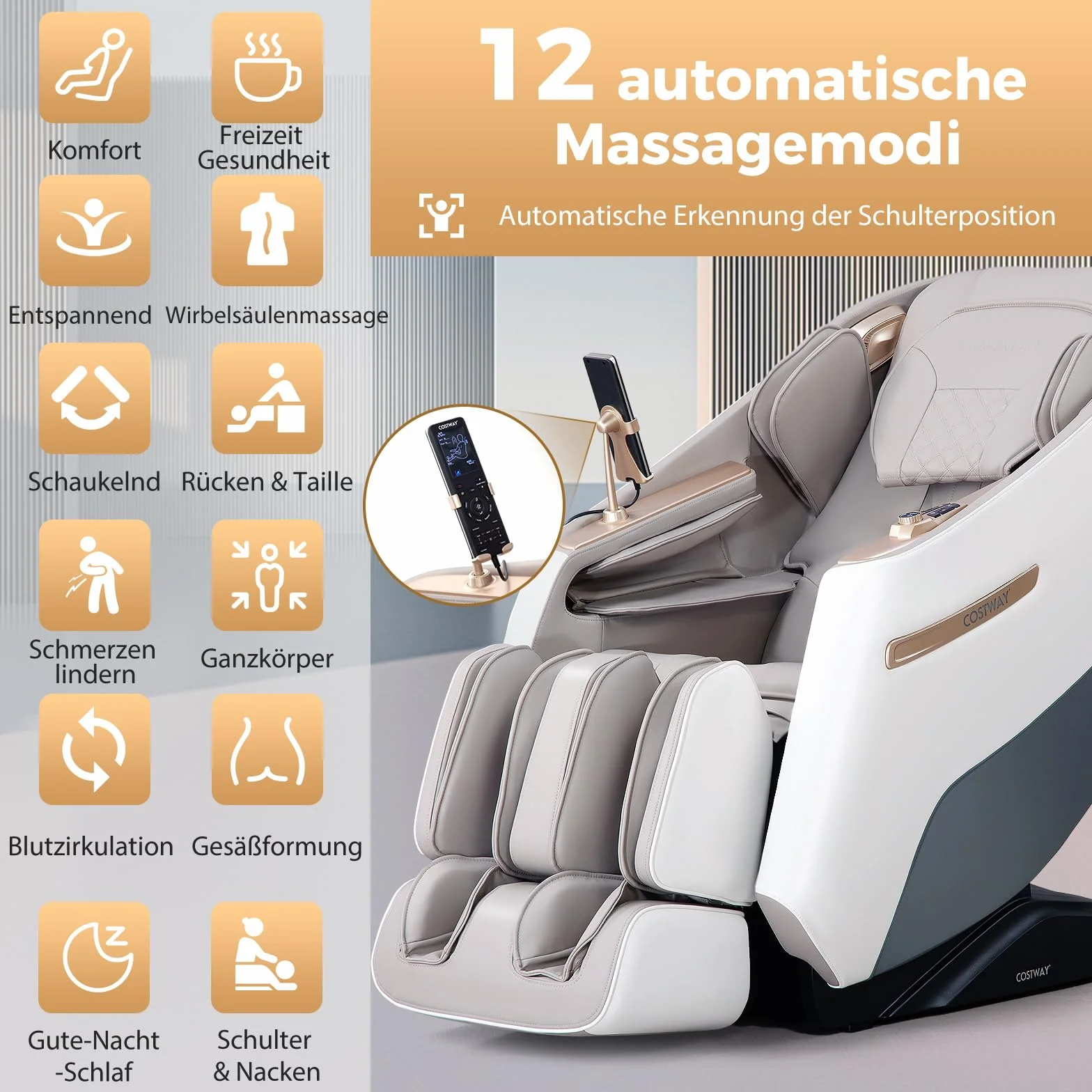 COSTWAY Fotel masujący, Zero Gravity SL Track Shiatsu fotel do masażu, ogrzewanie i masaż pneumatyczny, fotel do masażu całego ciała, z 12 trybami automatycznymi i pilotem zdalnego sterowania