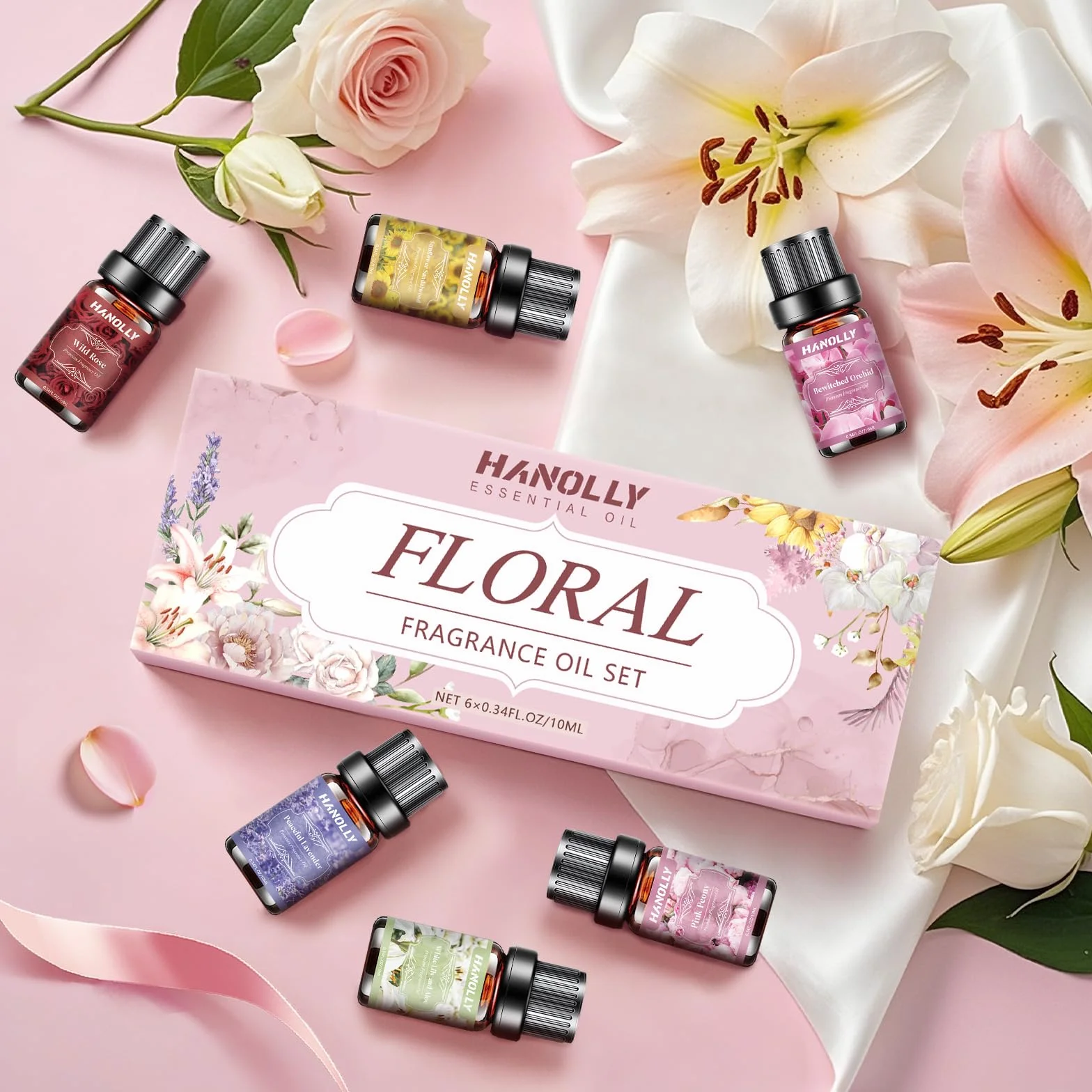 Hanolly 6 x 10 ml Zestaw Kwiatowych Olejków Eterycznych, Naturalne Olejki Zapachowe Do Dyfuzorów – Biała Lilia I Aloes, Różowa Piwonia, Dzika Róża, Słonecznik, Drzewo Sandałowe, Orchidea, Lawenda