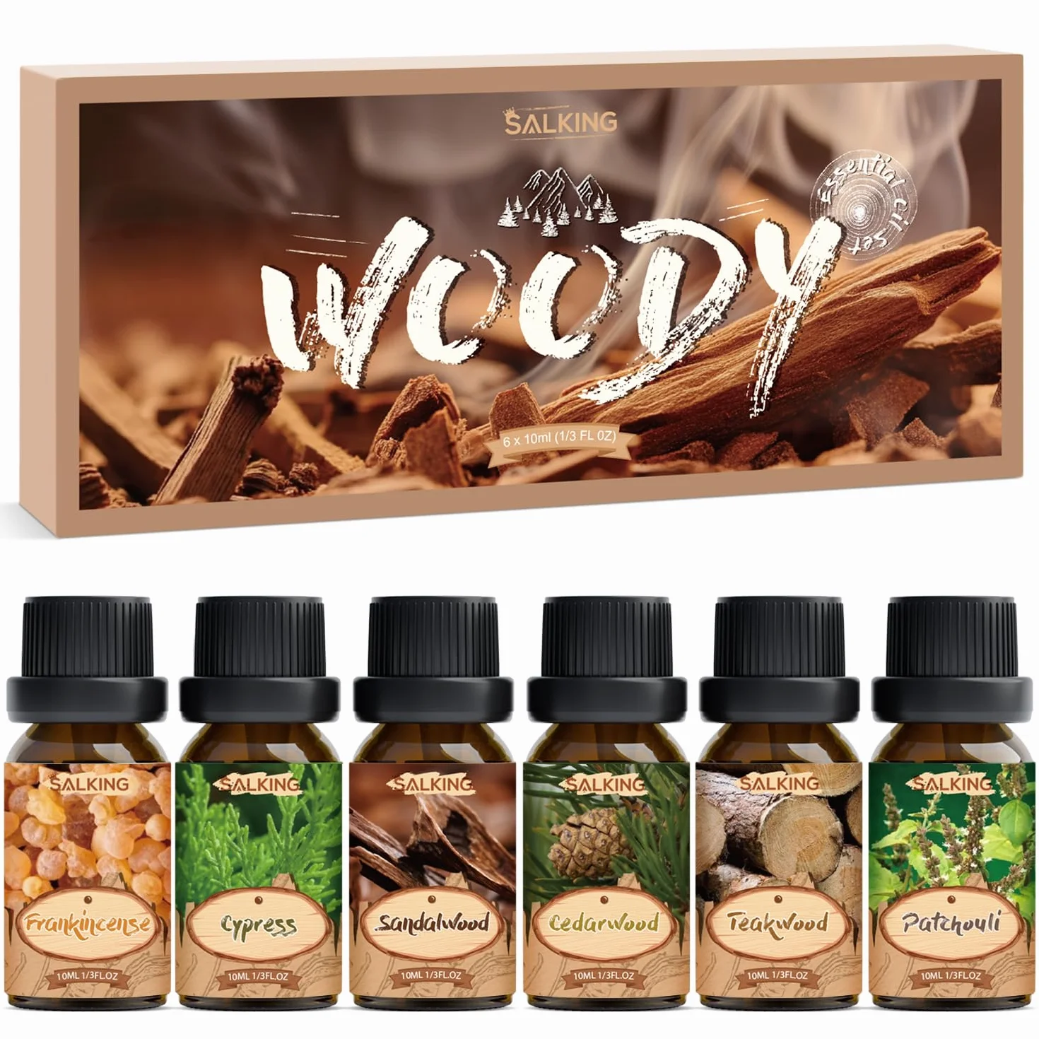 SALKING Drewniany zestaw olejków eterycznych, aromaterapii, zestaw prezentowy, naturalne olejki zapachowe do mydła dyfuzora, świec, frankincense, cedrowego, drzewa sandałowego, drewna tekowego
