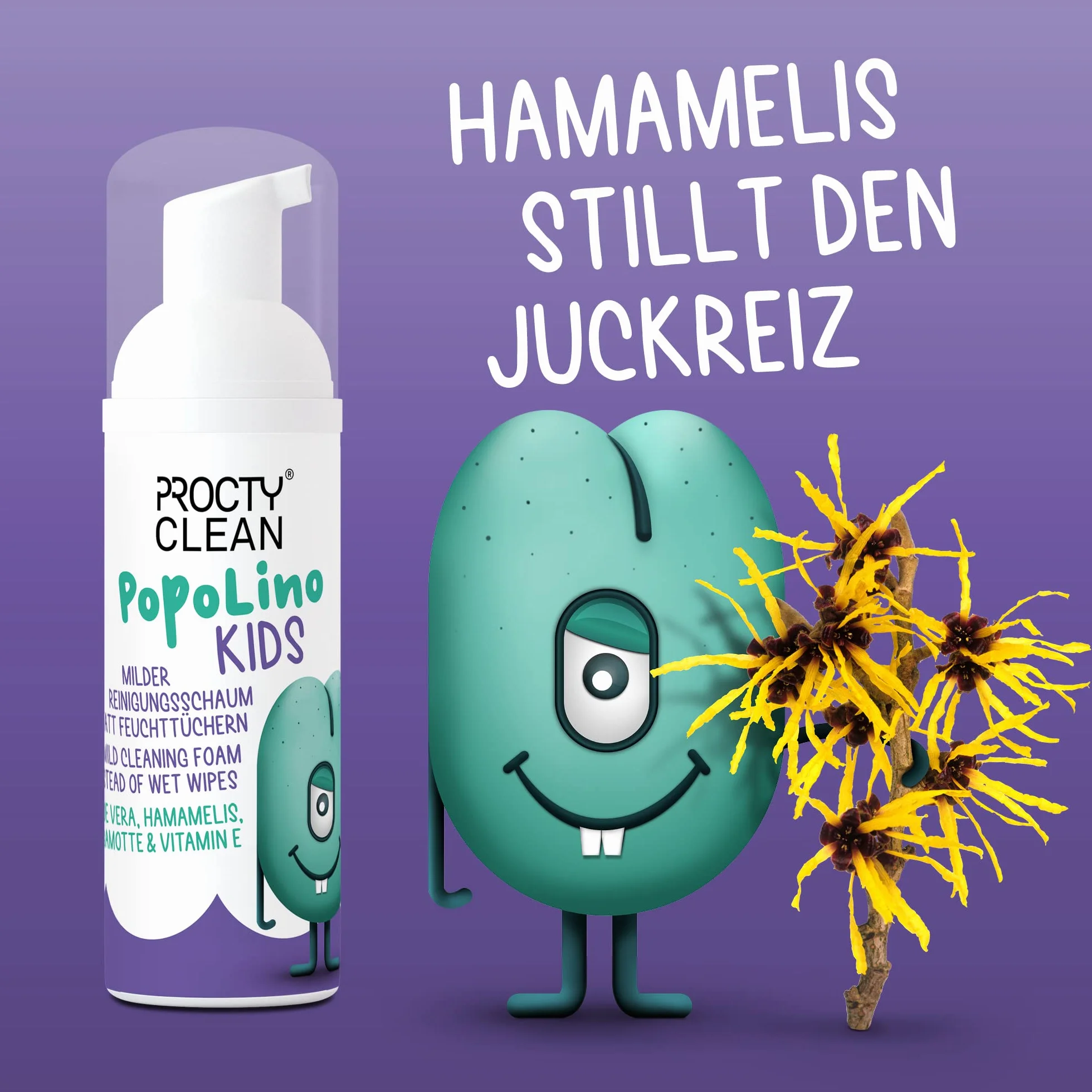 ProctyClean PopoLino Kids łagodna pianka czyszcząca zamiast nawilżanych chusteczek. Sprawia, że pośladki i środowisko są przyjazne dla środowiska. Aloesem, oczarem wirginijskim, agamotką i witaminą E