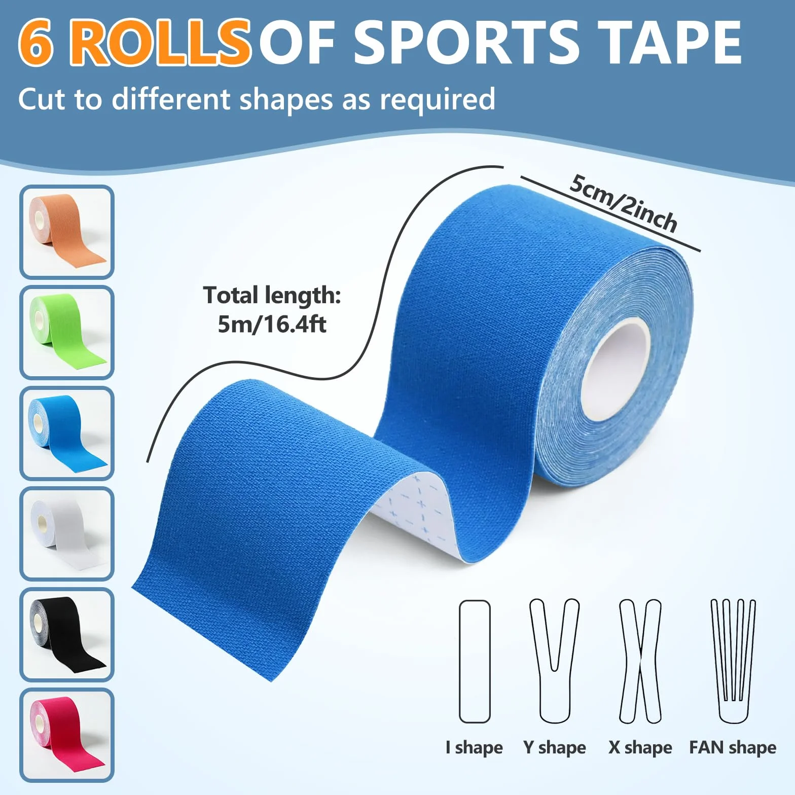 6 rolek taśmy sportowej kinezjologicznej (5 m x 5 cm), rolki kinezjologiczne do wspomagania mięśni, bólu kolan, łokci i ramion, wodoodporna i przyjazna dla skóry taśma kinezjologiczna, zestaw taśm
