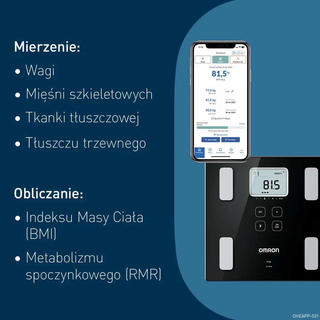 Waga OMRON VIVA Bluetooth Smart monitor składu ciała z pomiarem tkanki tłuszczowej, masy mięśni szkieletowych i BMI