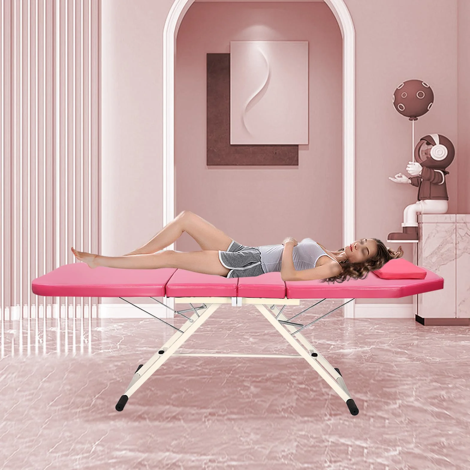 Składany stół do masażu, spa, salon piękności, łóżko kosmetyczne, stolik do masażu, składany fotel do masażu, krzesło kosmetyczne, leżanka do masażu, kolor: biały/różowy, 182 x 60 cm