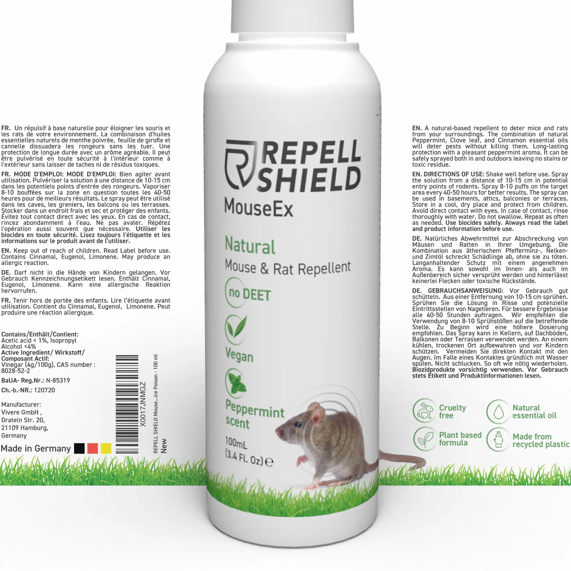 RepellShield Wegański spray do odstraszania myszy – spray z olejkiem miętowym do nieagresywnego odstraszania myszy, naturalny spray przeciw szczurom, do ogrodu, pojemność 100 ml