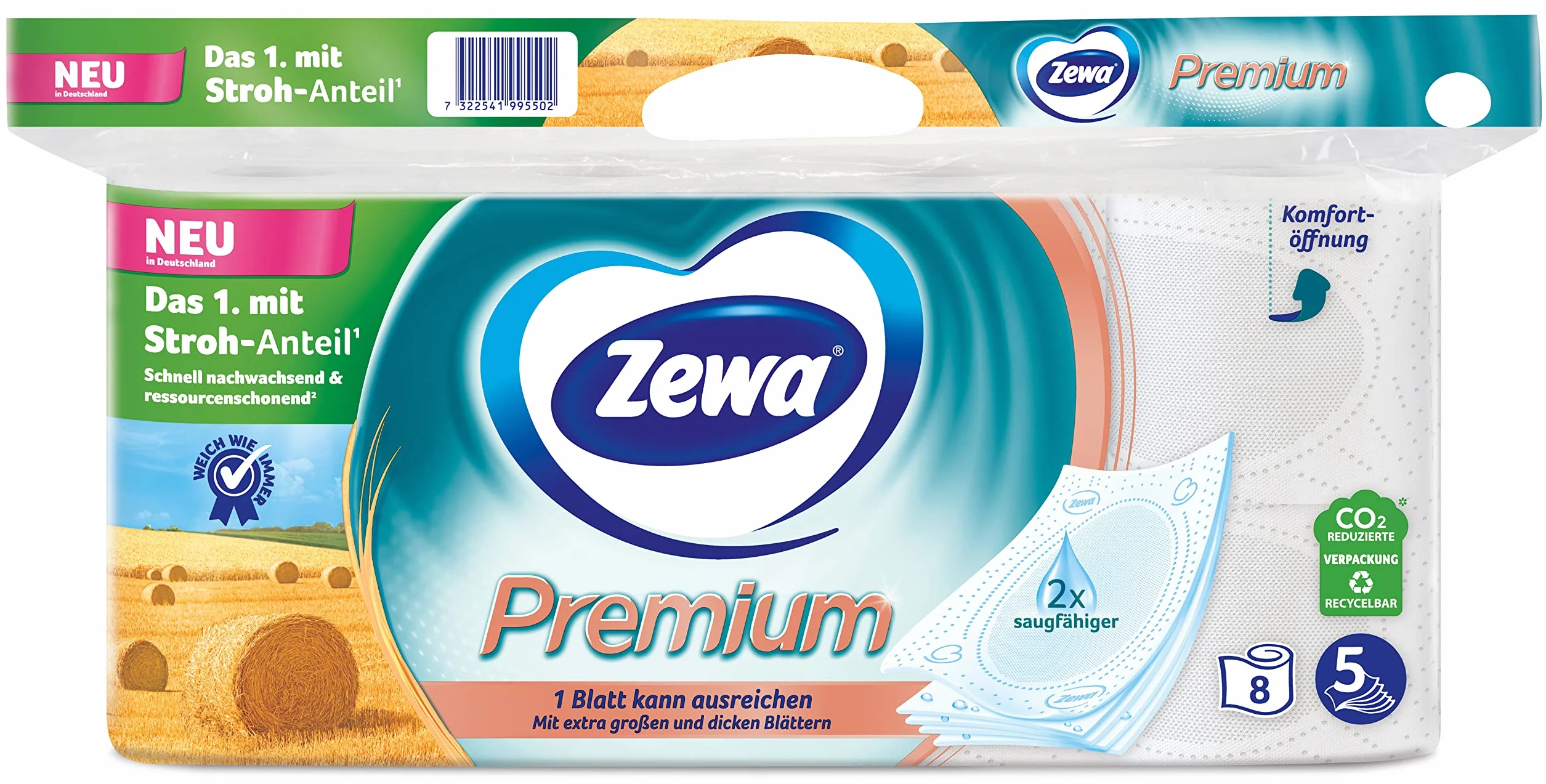 Zewa Papier toaletowy premium ze słomką, 6 x 8 rolek, 5 warstw, opakowanie zbiorcze