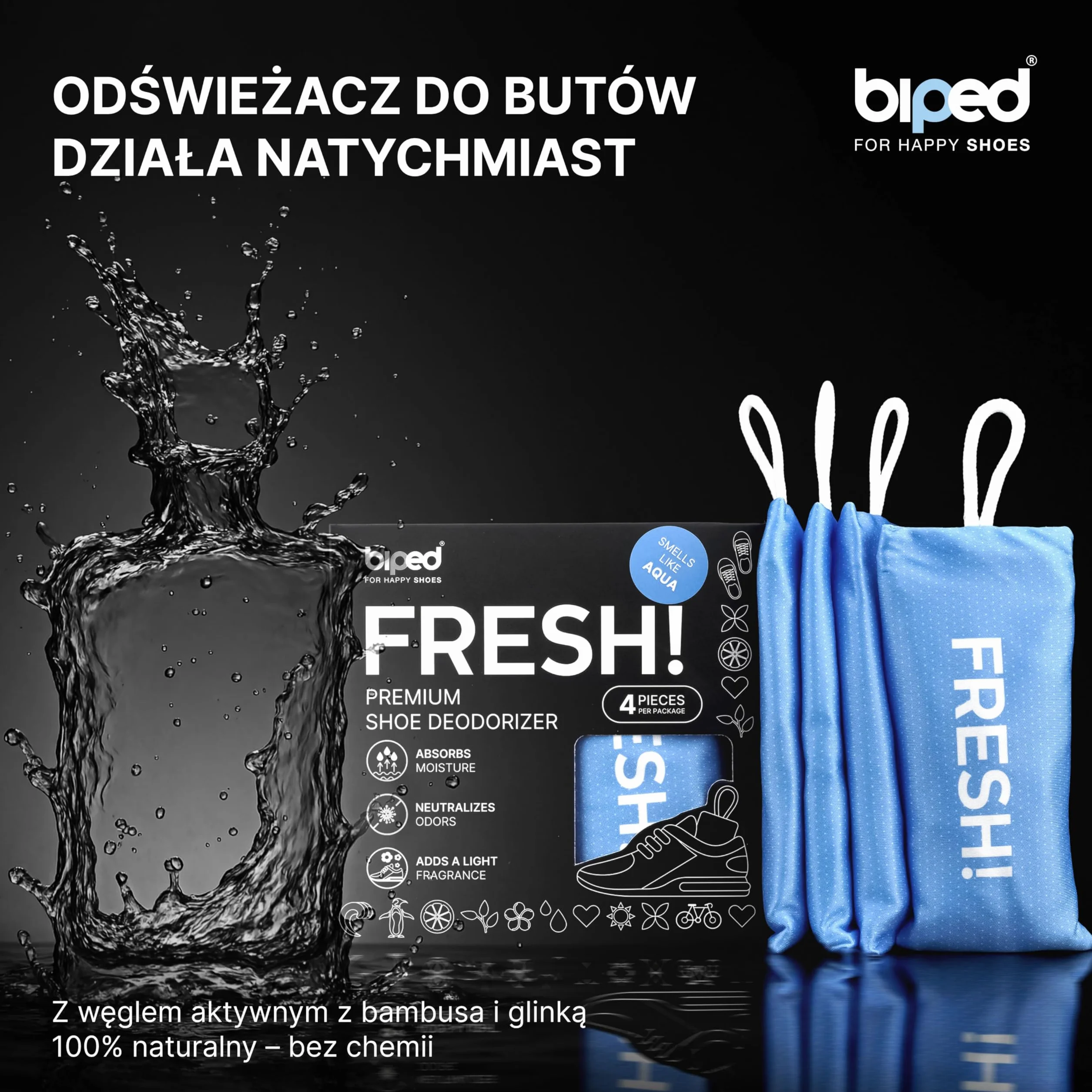 biped FRESH! dezodorant do obuwia z bambusowym węglem aktywnym – neutralizuje pot i zapachy – 4 sztuki