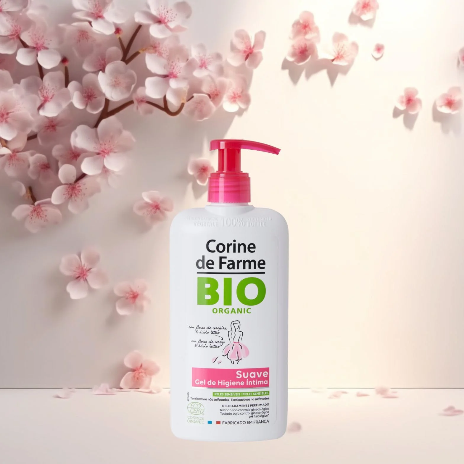 Corine De Farme Organic Naturalny łagodny środek do czyszczenia z kwiatem wiśniowym, 250 ml, biały